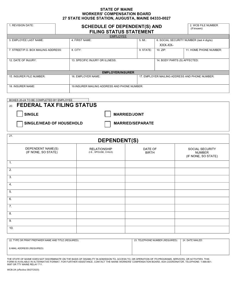 Schedule Of Dependents And Filing Status Statement {WCB-2A} | Pdf Fpdf Doc Docx | Maine