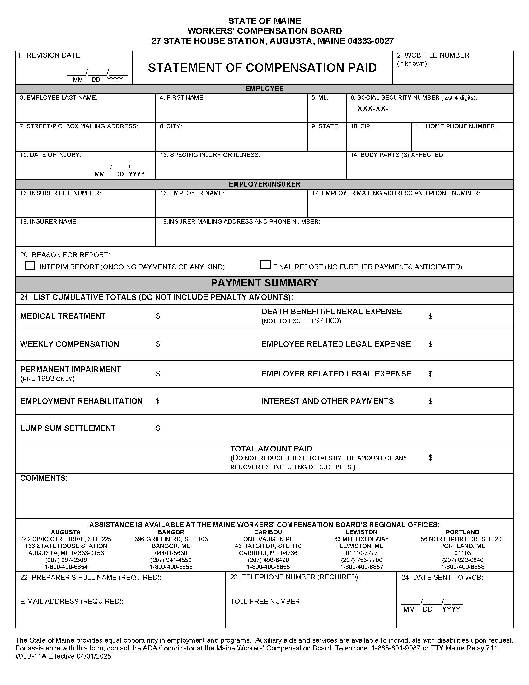 Statement Of Compensation Paid {WCB-11A} | Pdf Fpdf Docx | Maine