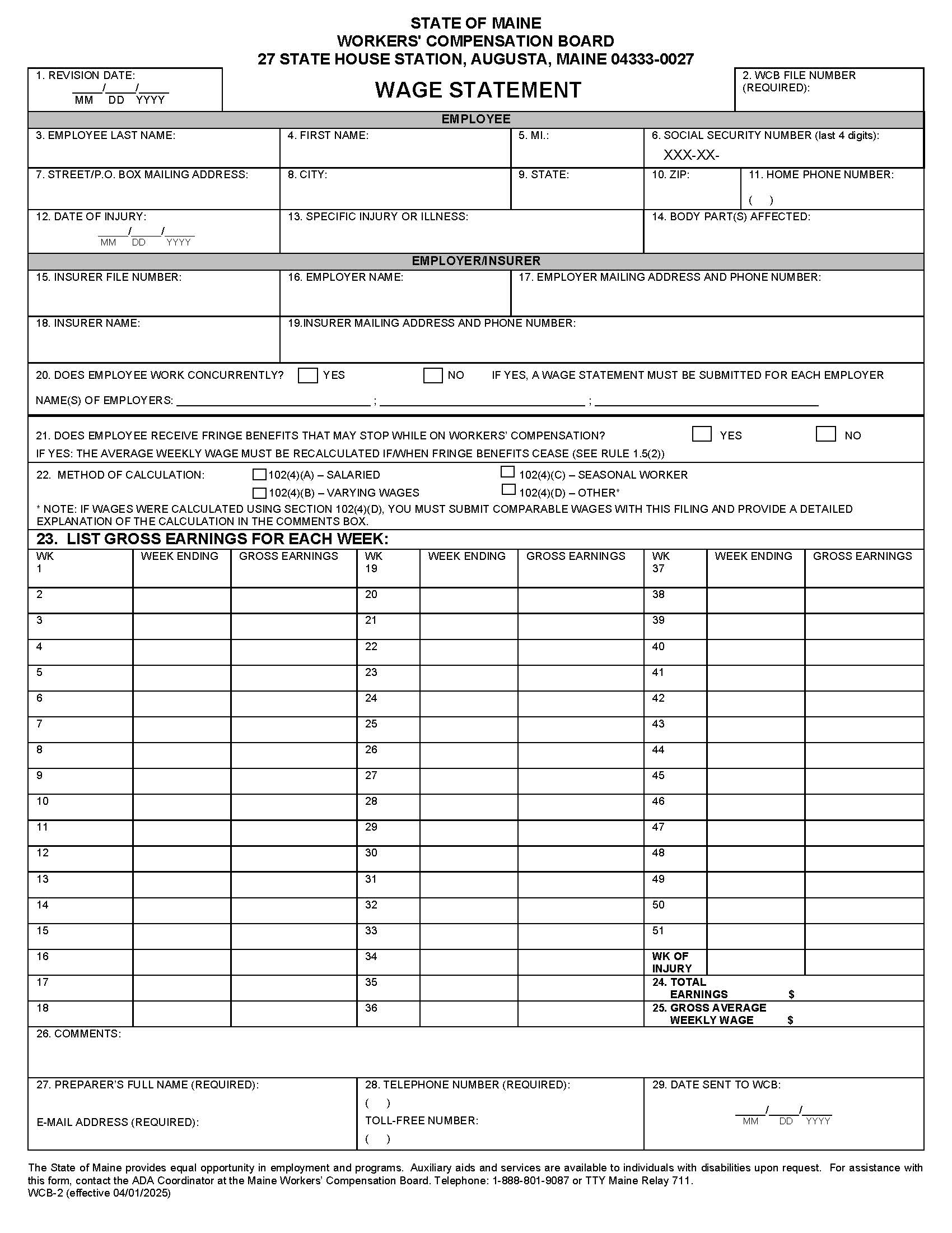 Wage Statement {WCB-2} | Pdf Fpdf Doc Docx | Maine