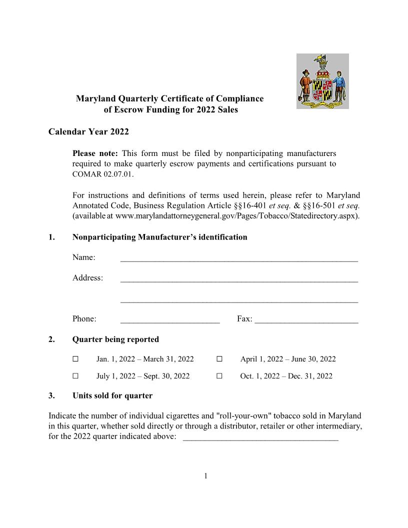 Quarterly Certificate Of Compliance Of Escrow Funding | Pdf Fpdf Docx | Maryland