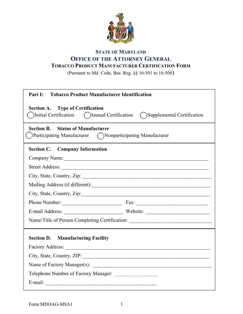 Tobacco Product Manufacturer Certification (Brand Family) | Pdf Fpdf Doc Docx | Maryland