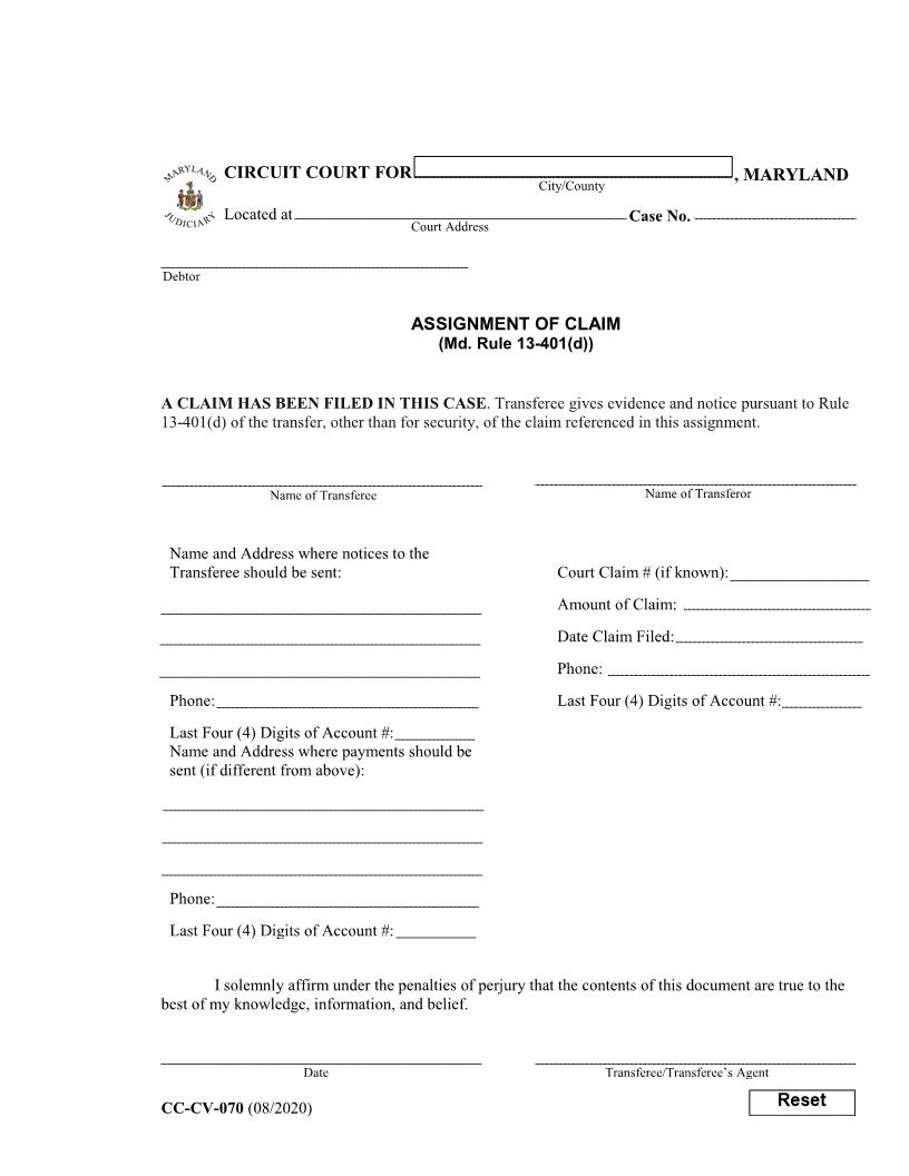 Assignment Of Claim {CC-CV-070} | Pdf Fpdf Docx | Maryland