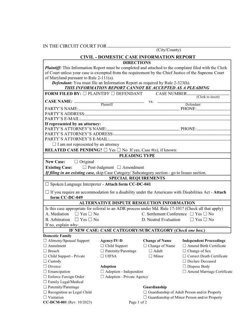 Civil Domestic Case Information Report {CC-DCM-001} | Pdf Fpdf Doc Docx | Maryland