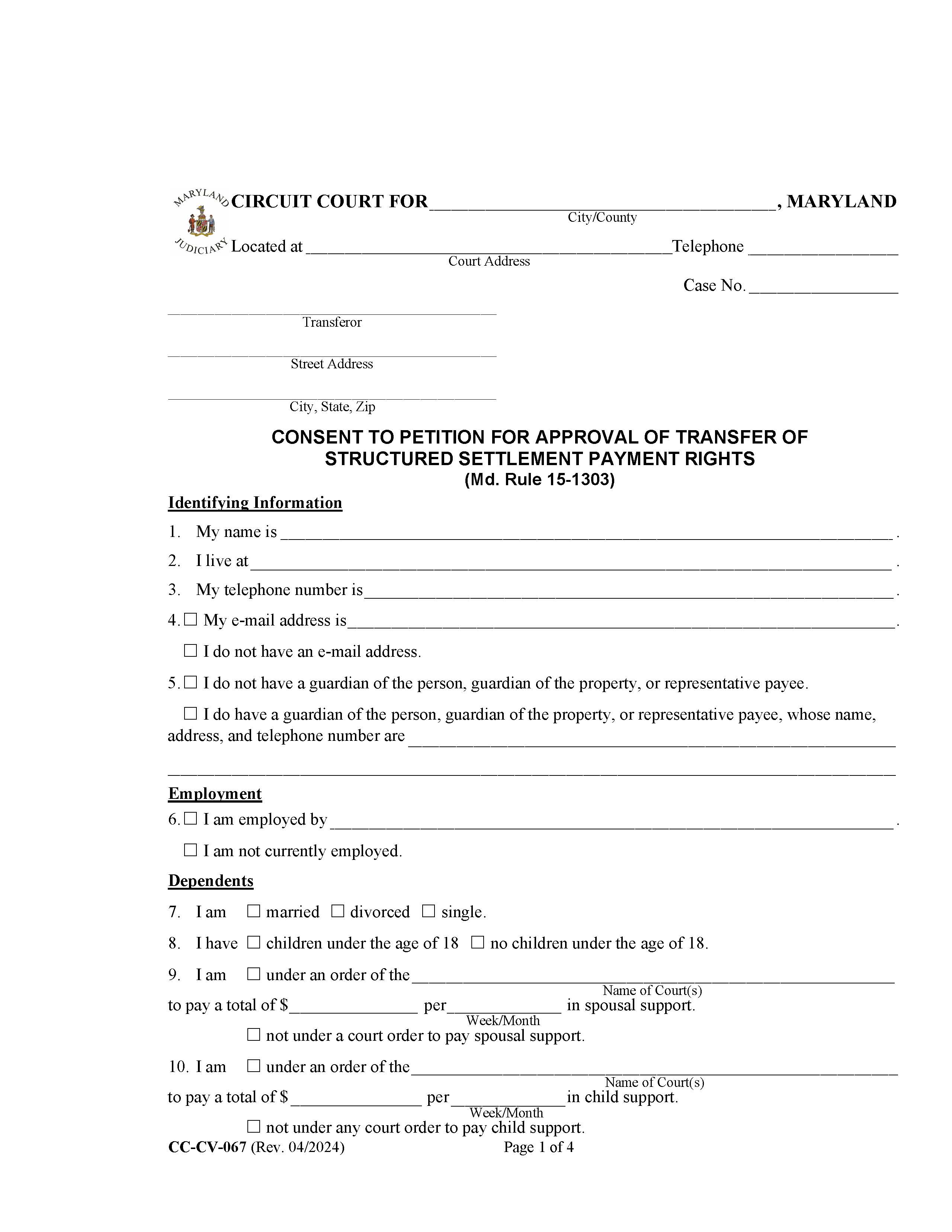 Consent To Petition For Approval Of Transfer Of Structured Settlement Payment Rights {CC-CV-067} | Pdf Fpdf Docx | Maryland