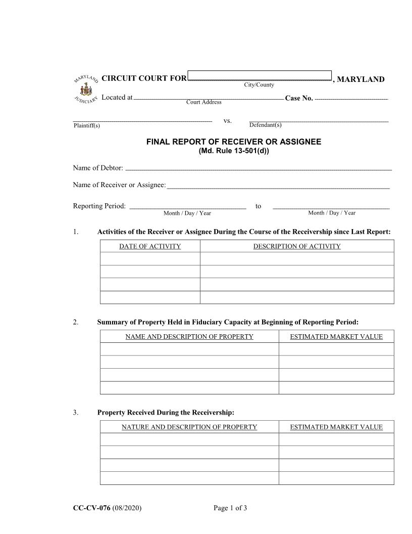 Final Report Of Receiver Or Asignee {CC-CV-076} | Pdf Fpdf Docx | Maryland