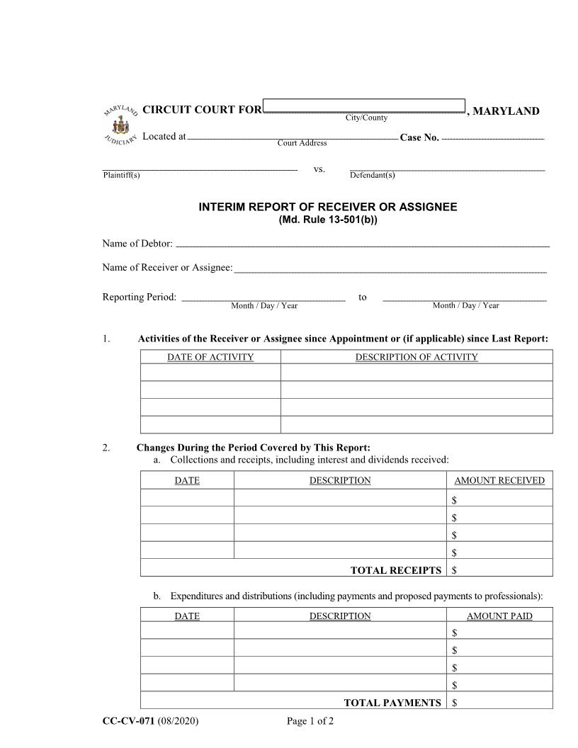 Interim Report Of Receiver Or Asignee {CC-CV-071} | Pdf Fpdf Docx | Maryland