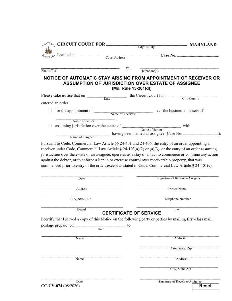 Notice Of Automatic Stay {CC-CV-074} | Pdf Fpdf Docx | Maryland