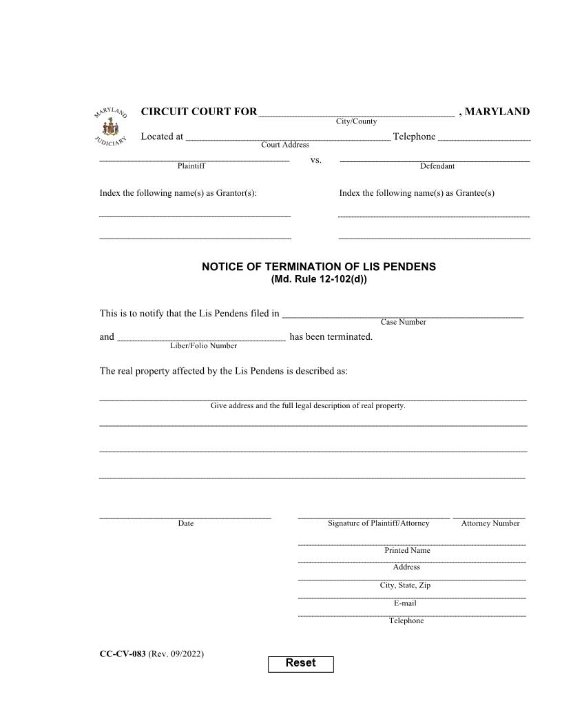 Notice Of Termination Of Lis Pendens {CC-CV-083} | Pdf Fpdf Docx | Maryland
