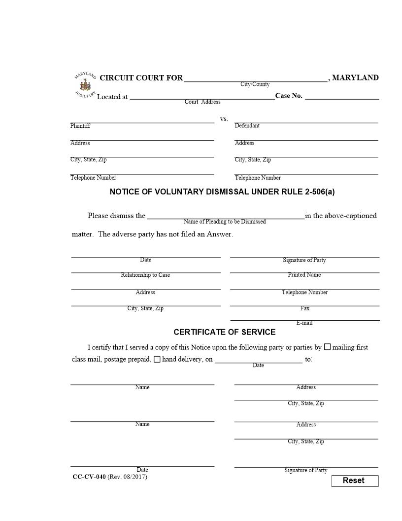 Notice Of Voluntary Dismissal Under Rule 2-506 {CC-CV-040} | Pdf Fpdf Docx | Maryland