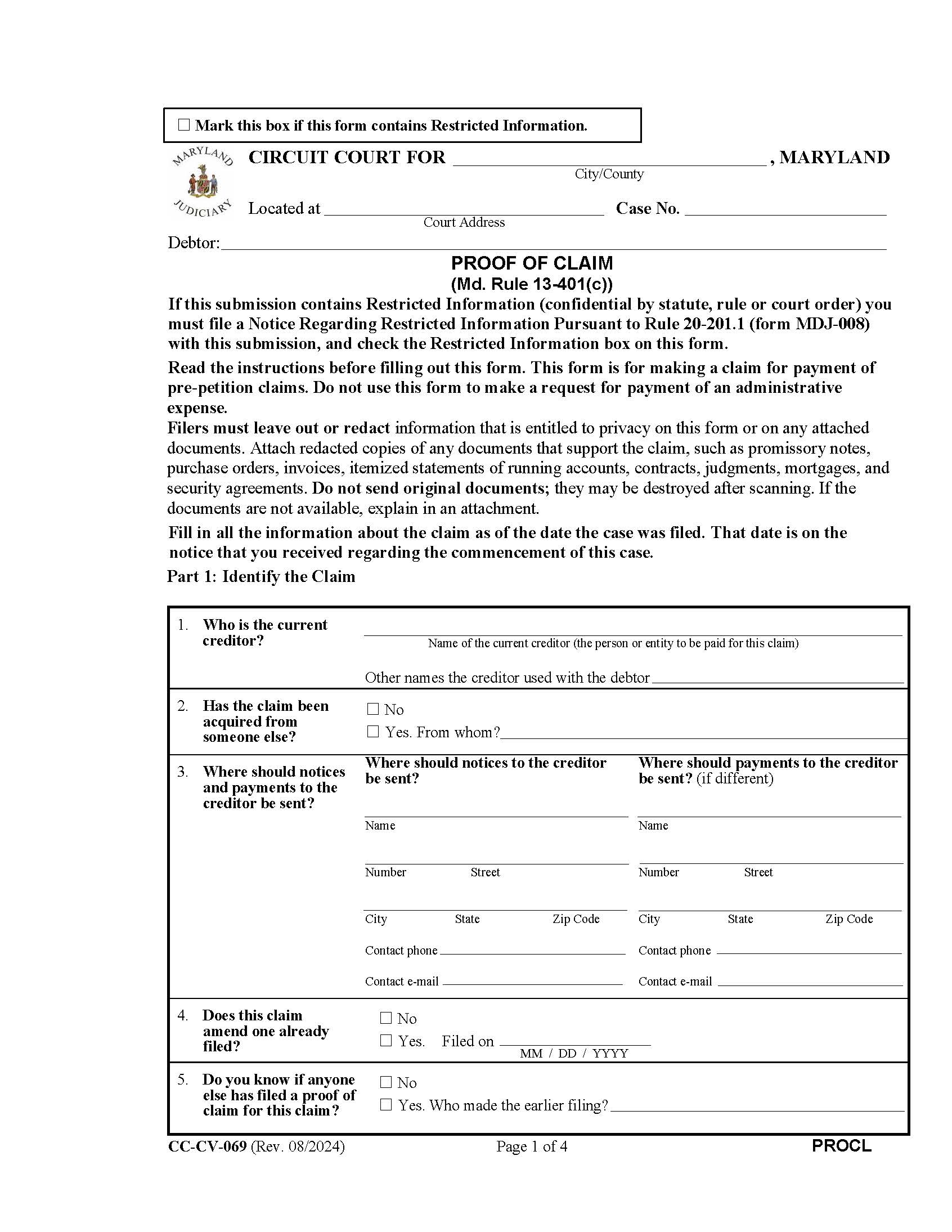 Proof Of Claim {CC-CV-069} | Pdf Fpdf Docx | Maryland