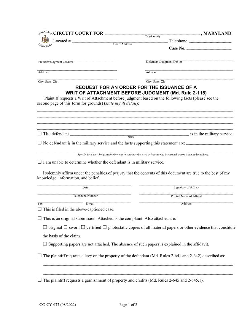 Request For An Order For The Issuance Of A Writ Of Attachment Before Judgment {CC-CV-077} | Pdf Fpdf Docx | Maryland