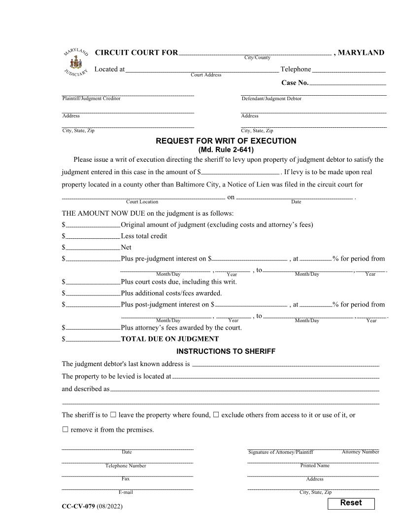 Request For Writ Of Execution {CC-CV-079} | Pdf Fpdf Docx | Maryland