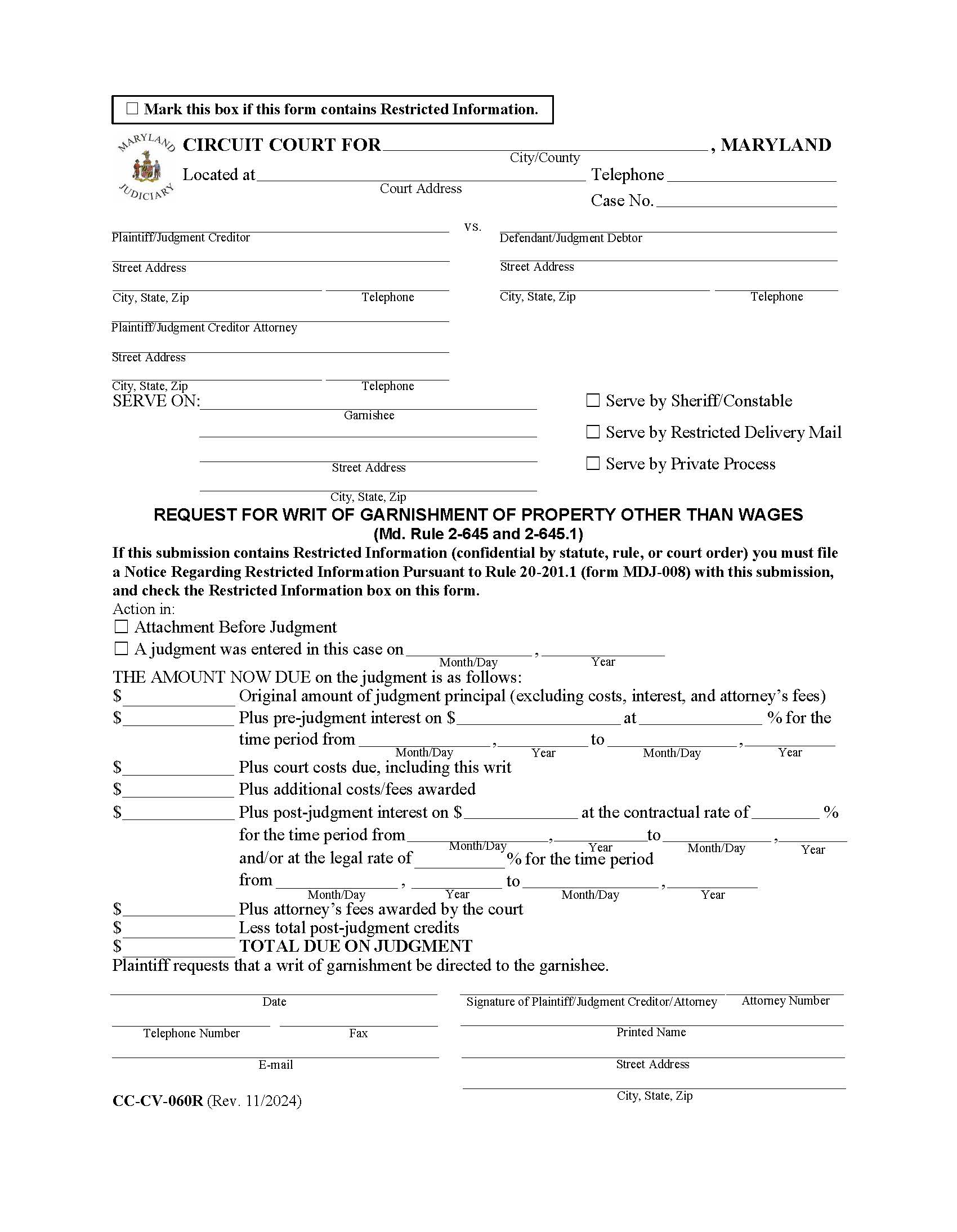 Request For Writ Of Garnishment Of Property Other Than Wages {CC-CV-060R} | Pdf Fpdf Docx | Maryland