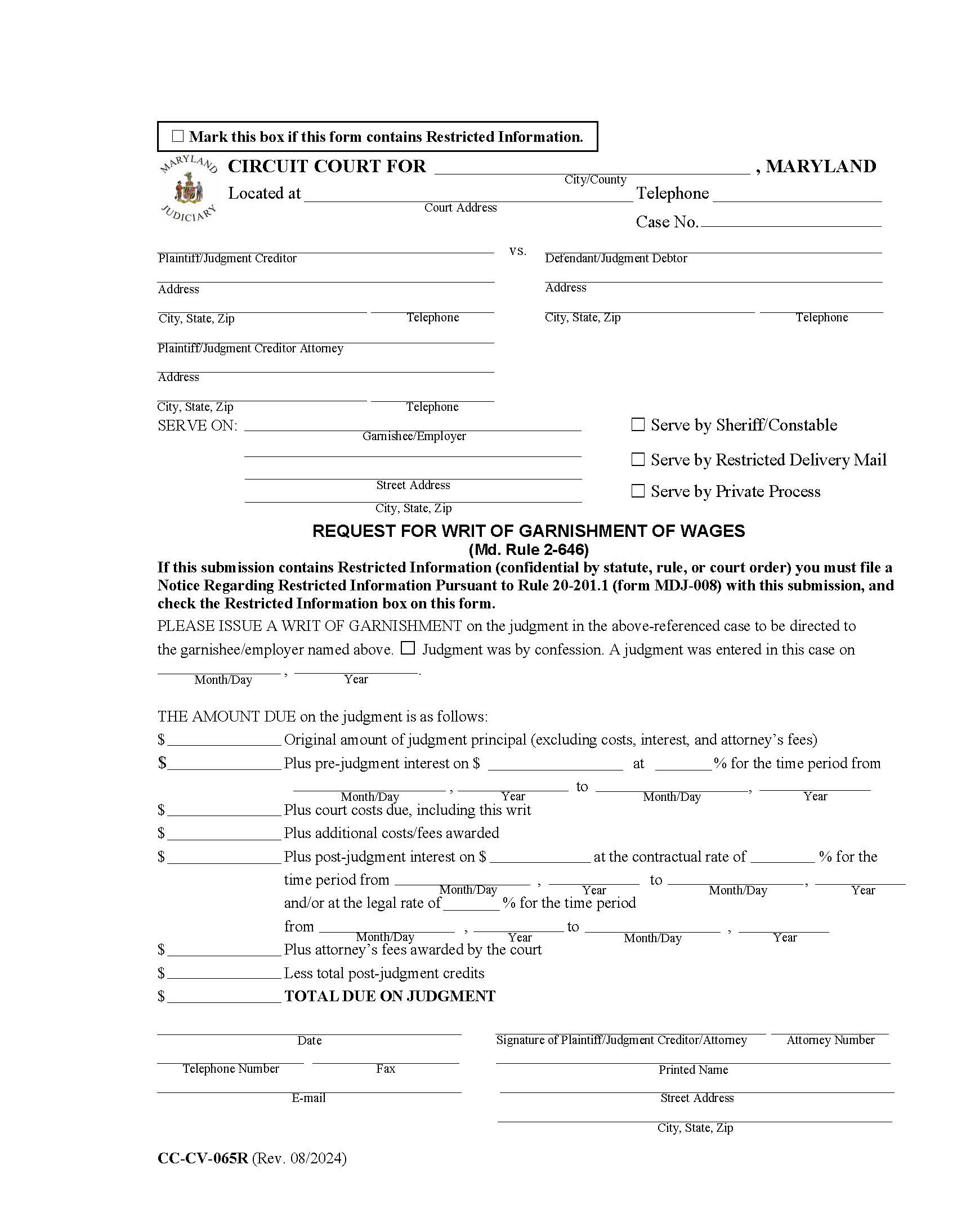 Request For Writ Of Garnishment Of Wages {CC-CV-065R} | Pdf Fpdf Docx | Maryland