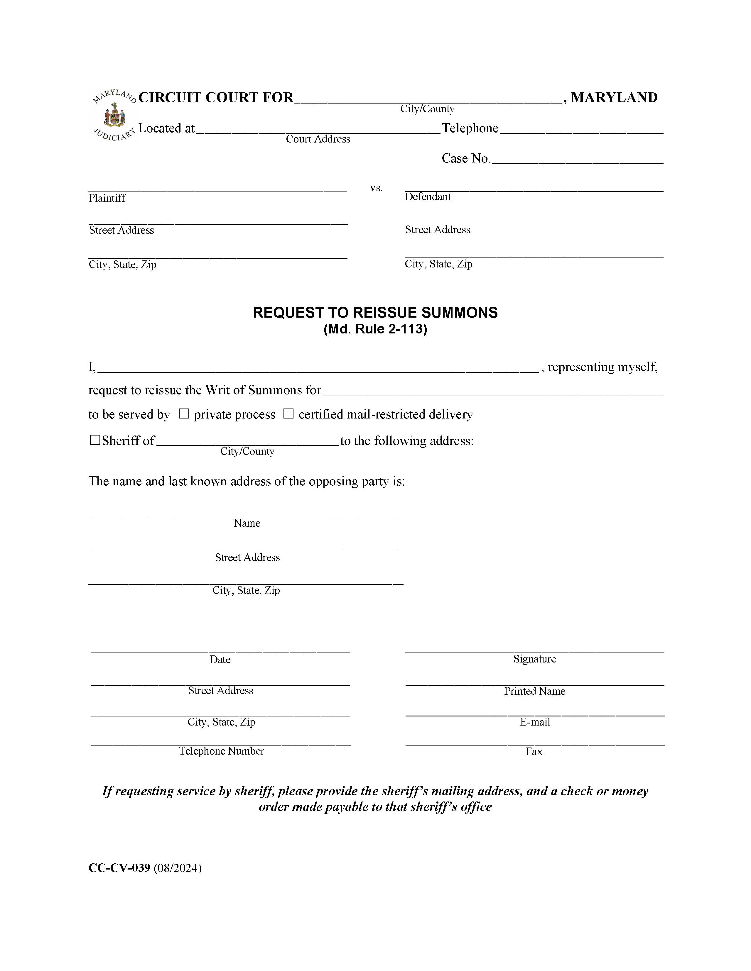 Request To Reissue Summons {CC-CV-039} | Pdf Fpdf Docx | Maryland