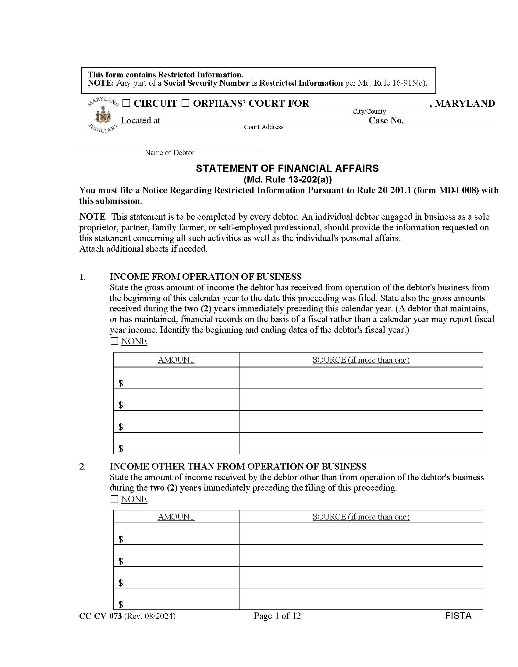 Statement Of Financial Affairs {CC-CV-073} | Pdf Fpdf Docx | Maryland