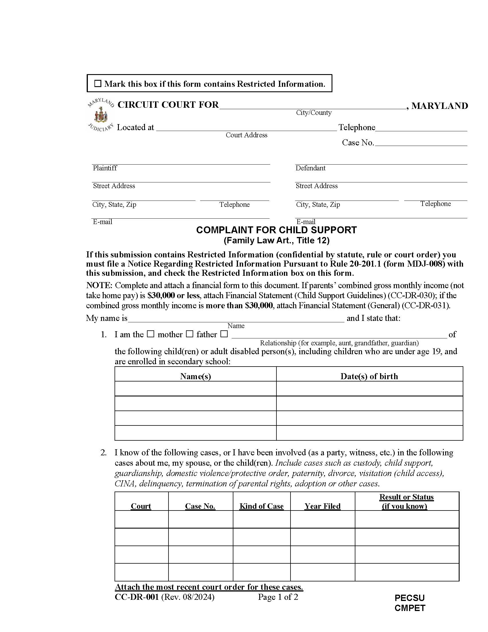 Complaint For Child Support {DR-1} | Pdf Fpdf Doc Docx | Maryland