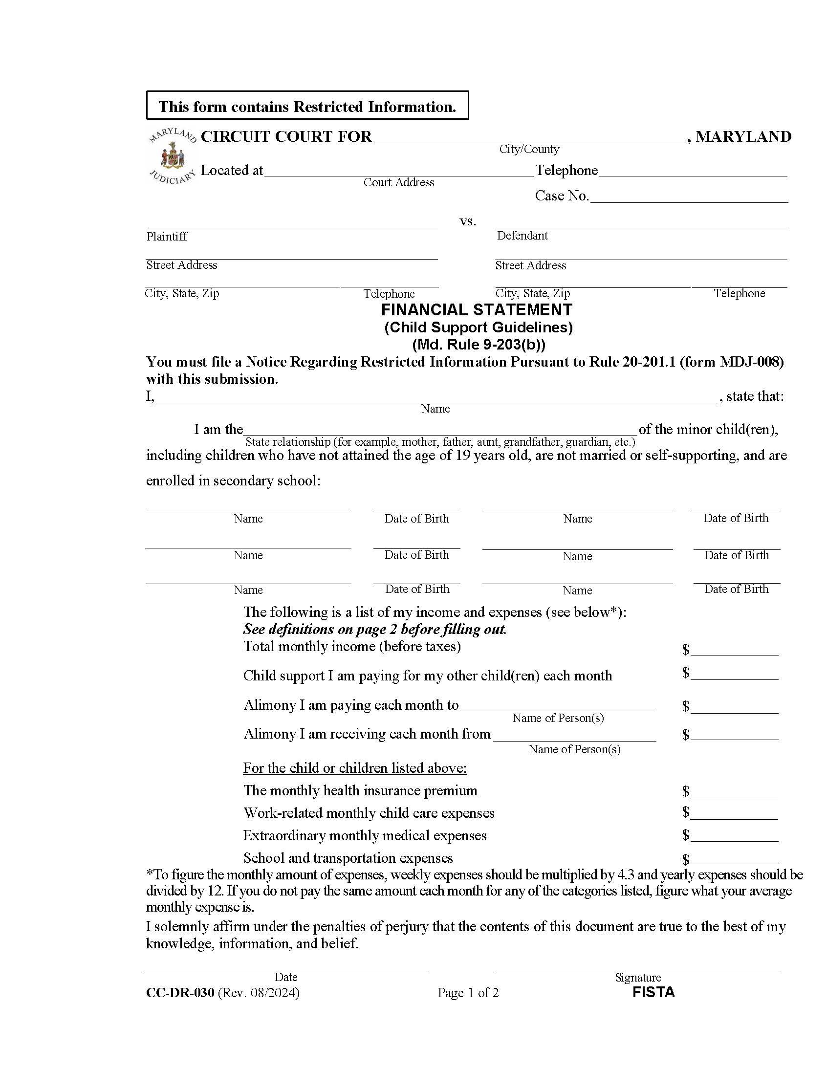 Financial Statement (Child Support Guidelines) {DR-30} | Pdf Fpdf Doc Docx | Maryland