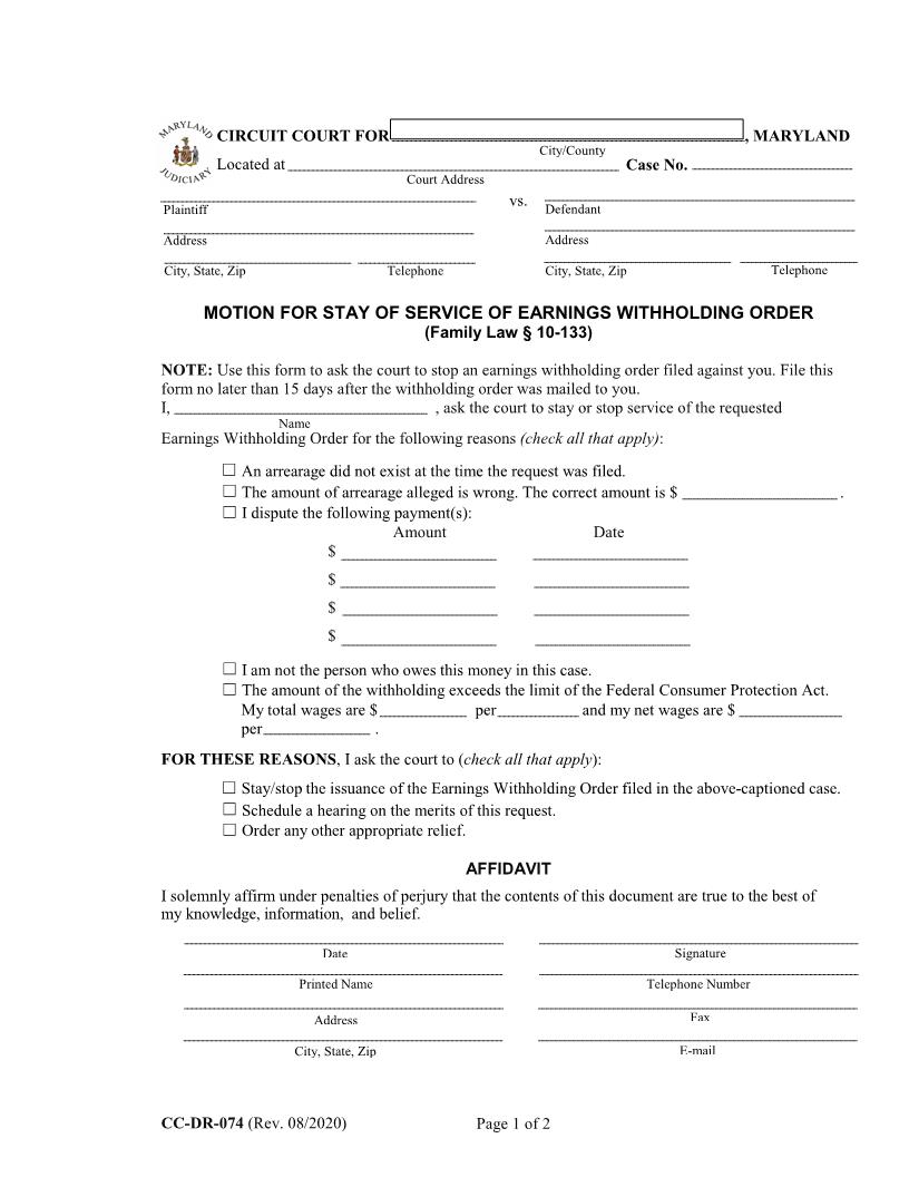 Motion For Stay Of Service Of Earnings Withholding Order {DR-74} | Pdf Fpdf Doc Docx | Maryland