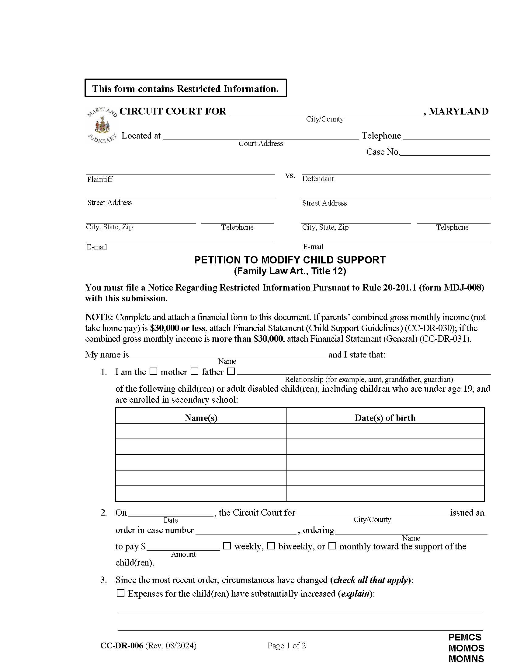 Petition To Modify Child Support {DR-6} | Pdf Fpdf Docx | Maryland