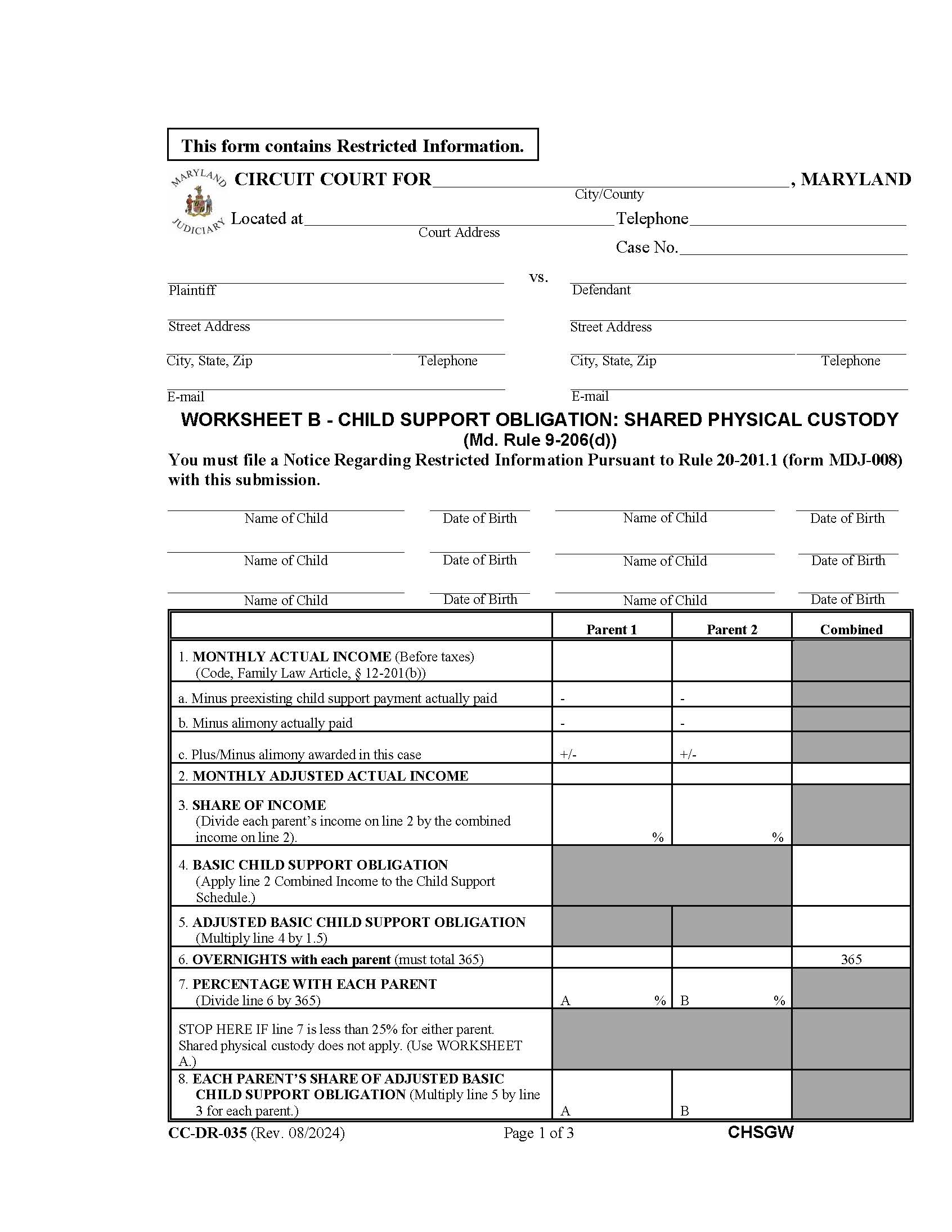 Worksheet B Child Support Obligation Shared Physical Custody {CC-DR-35} | Pdf Fpdf Doc Docx | Maryland