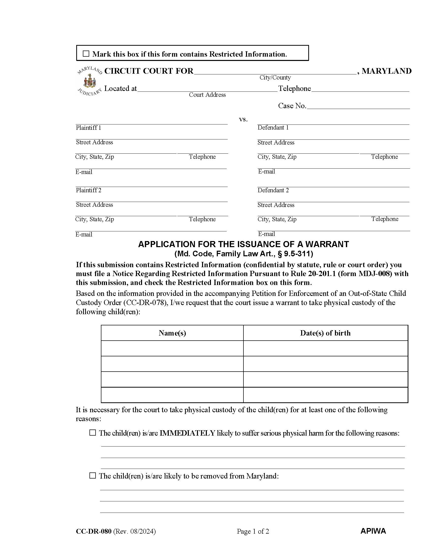 Application For The Issuance Of A Warrant {DR-80} | Pdf Fpdf Doc Docx | Maryland