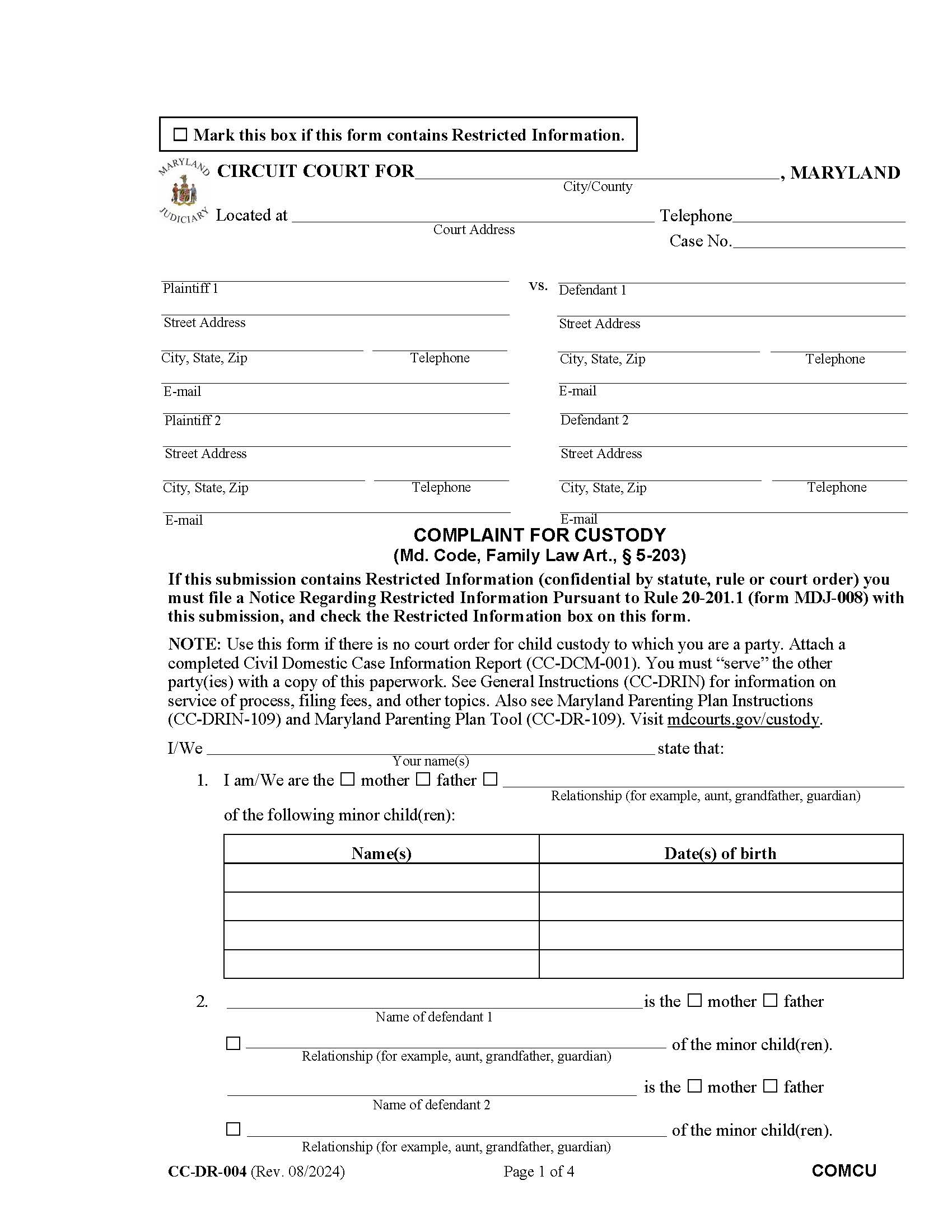 Complaint For Custody {DR-4} | Pdf Fpdf Docx | Maryland