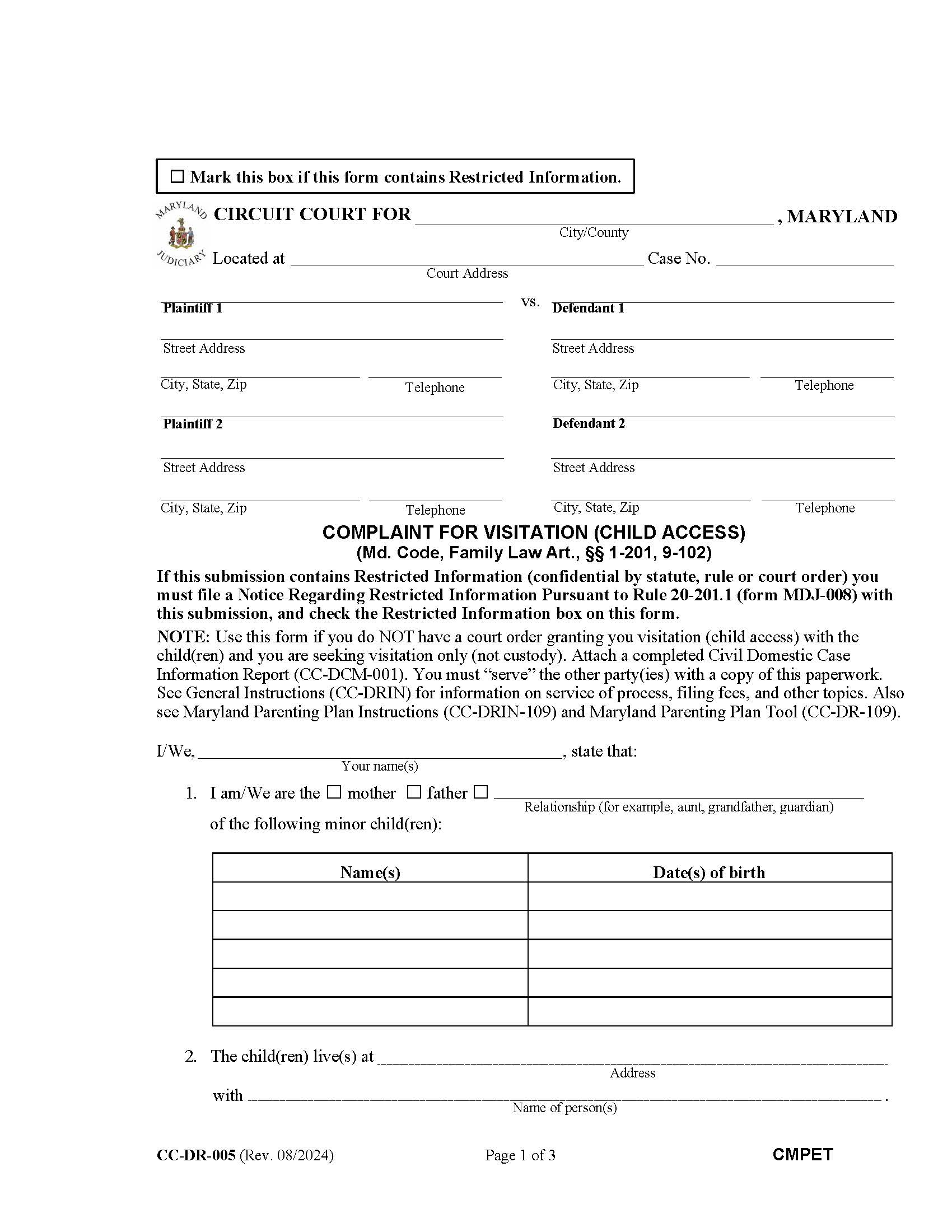 Complaint For Visitation {DR-5} | Pdf Fpdf Doc Docx | Maryland