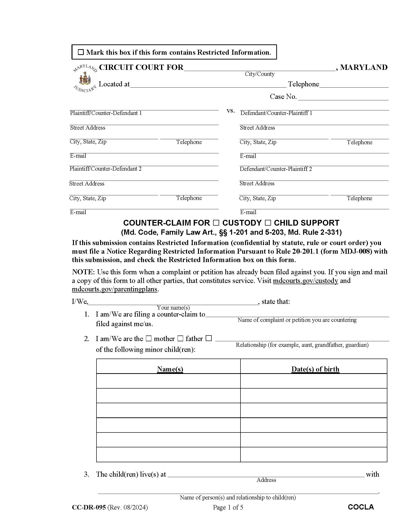 Counter Complaint For Custody Or Child Support {DR-95} | Pdf Fpdf Docx | Maryland