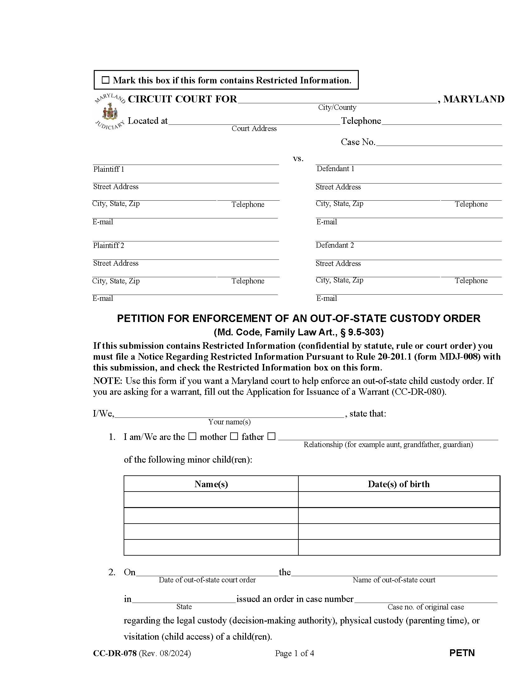 Petition For Enforcement Of A Foreign Child Custody Determination {DR-78} | Pdf Fpdf Doc Docx | Maryland