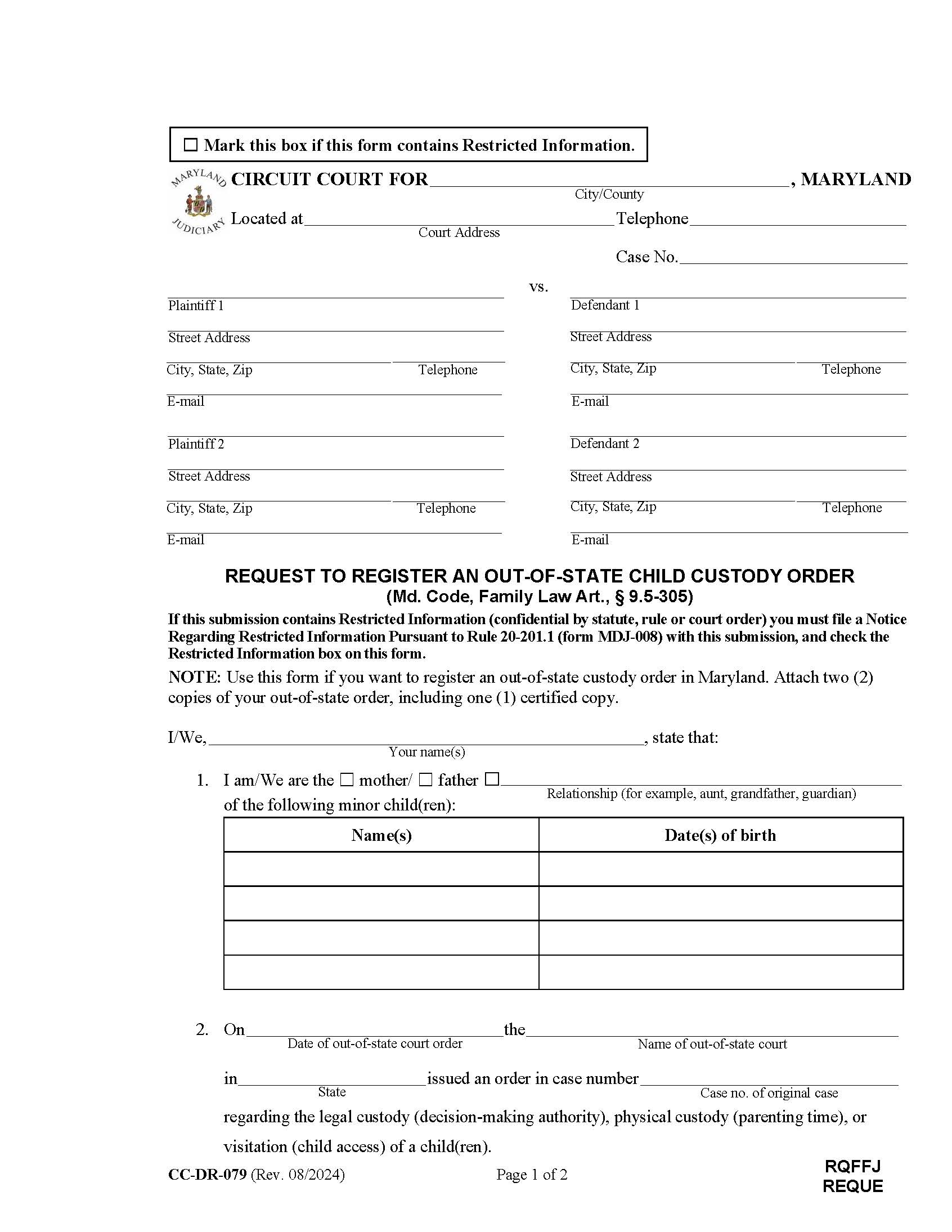 Request To Register An Out Of State Child Custody Order {CC-DR-079} | Pdf Fpdf Doc Docx | Maryland