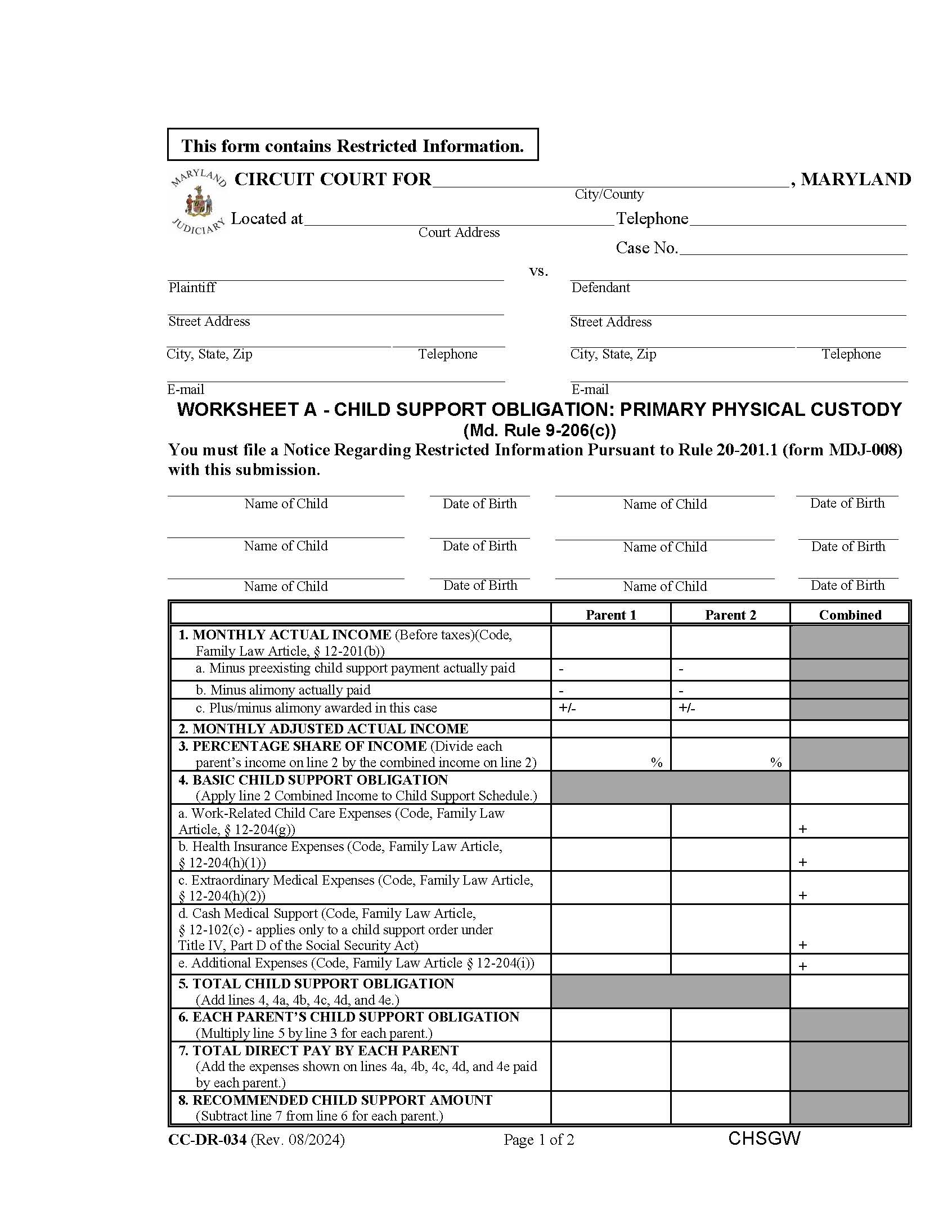 Worksheet A - Child Support Obligation Primary Physical Custody {DR-34} | Pdf Fpdf Doc Docx | Maryland