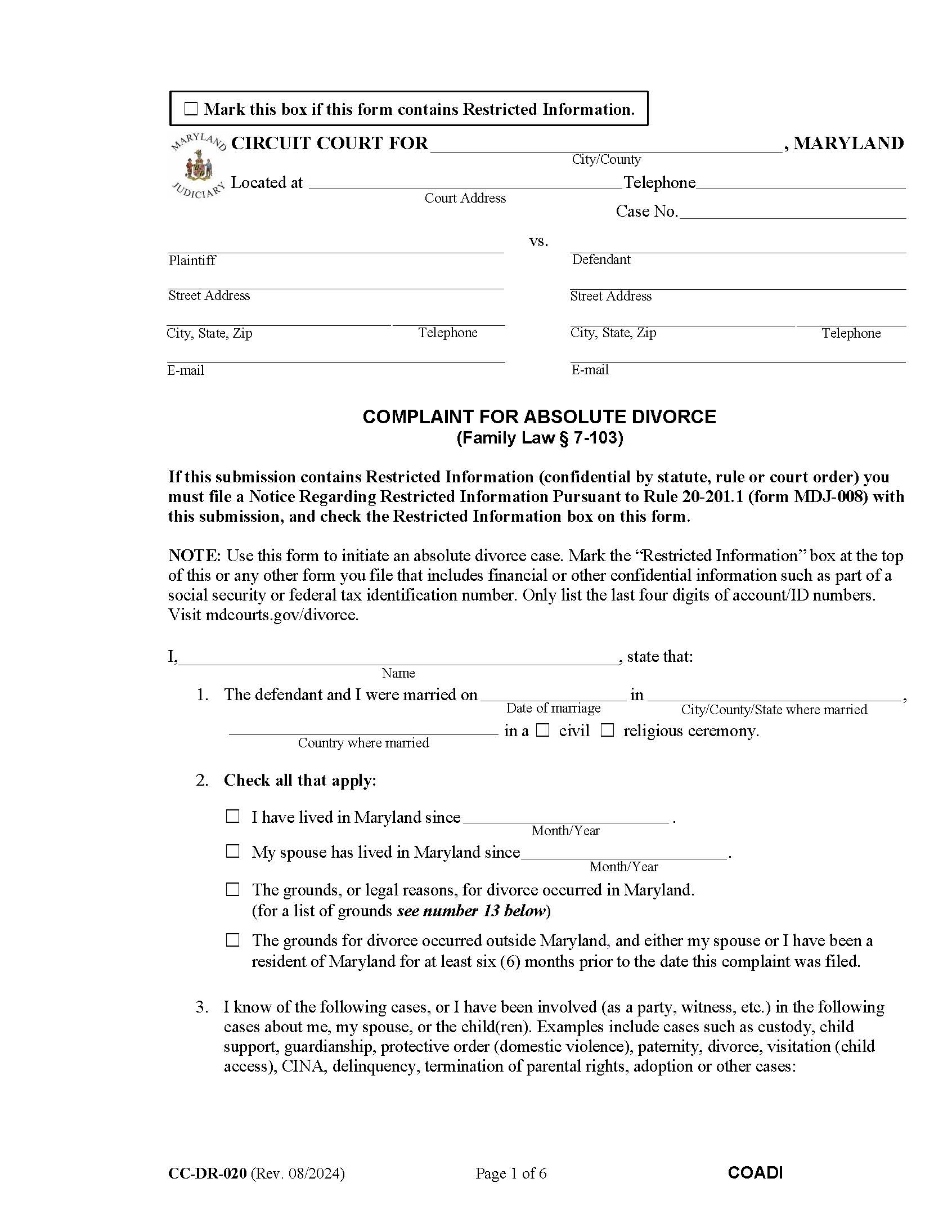 Complaint For Absolute Divorce {CC-DR-20} | Pdf Fpdf Docx | Maryland