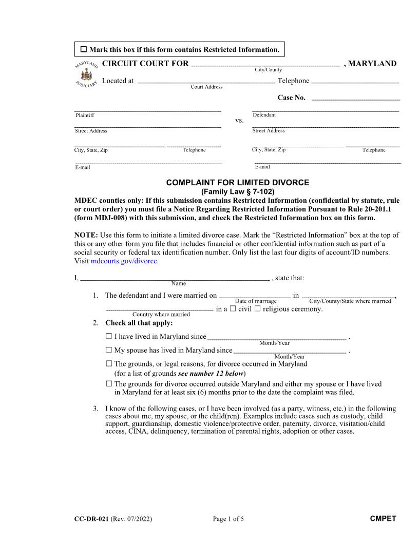 Complaint For Limited Divorce {CC-DR-21} | Pdf Fpdf Doc Docx | Maryland