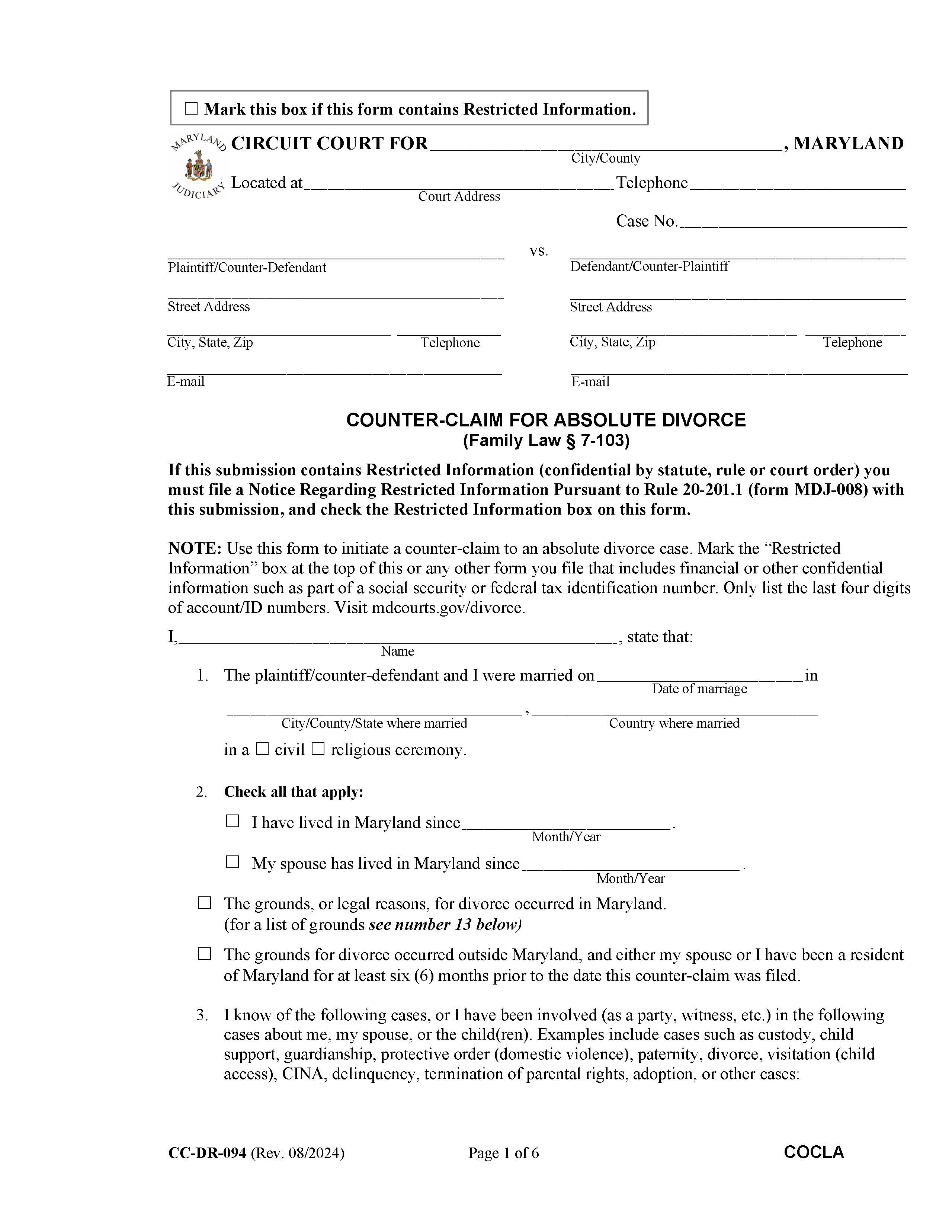 Counter Complaint For Absolute Divorce {CC-DR-94} | Pdf Fpdf Docx | Maryland
