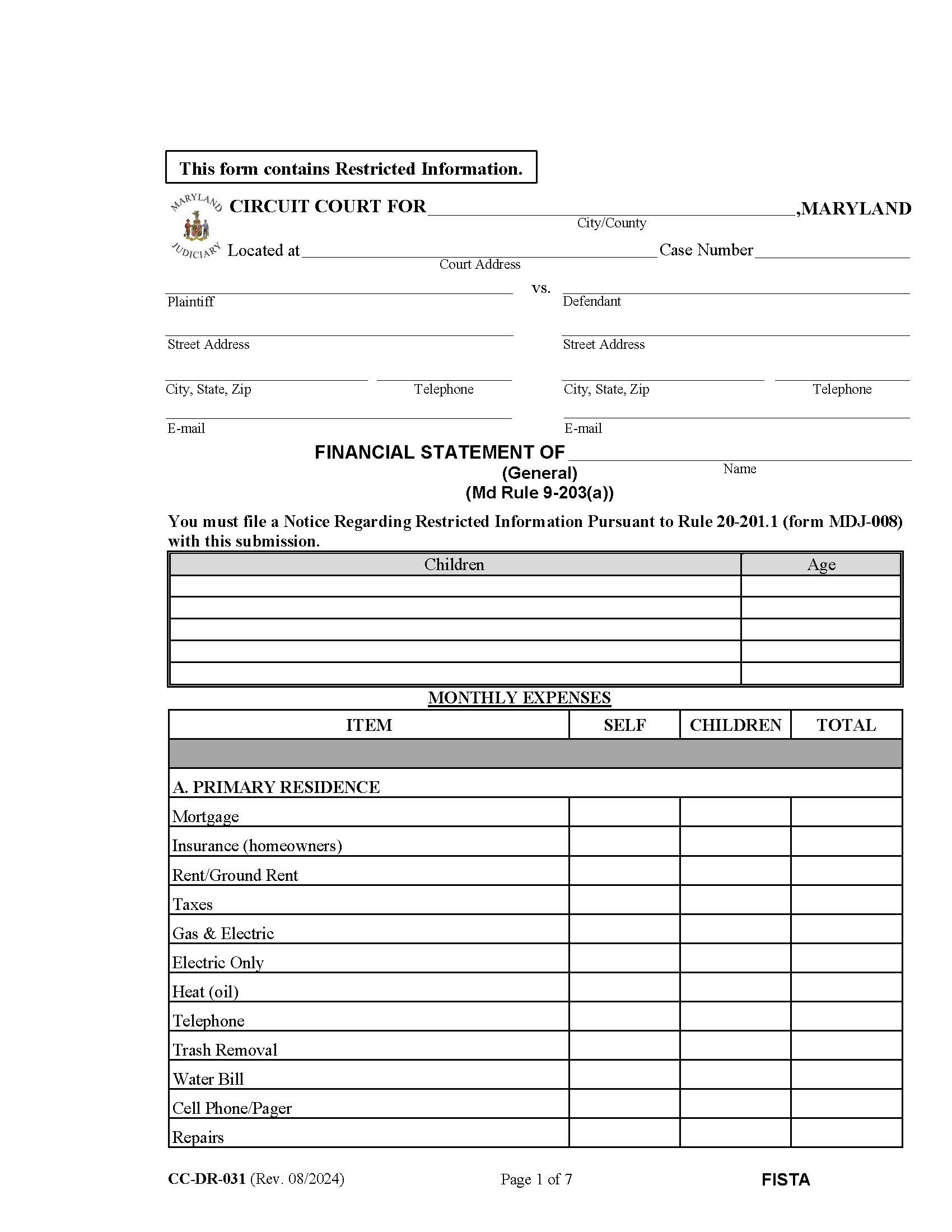 Financial Statement (General) {DR-31} | Pdf Fpdf Doc Docx | Maryland