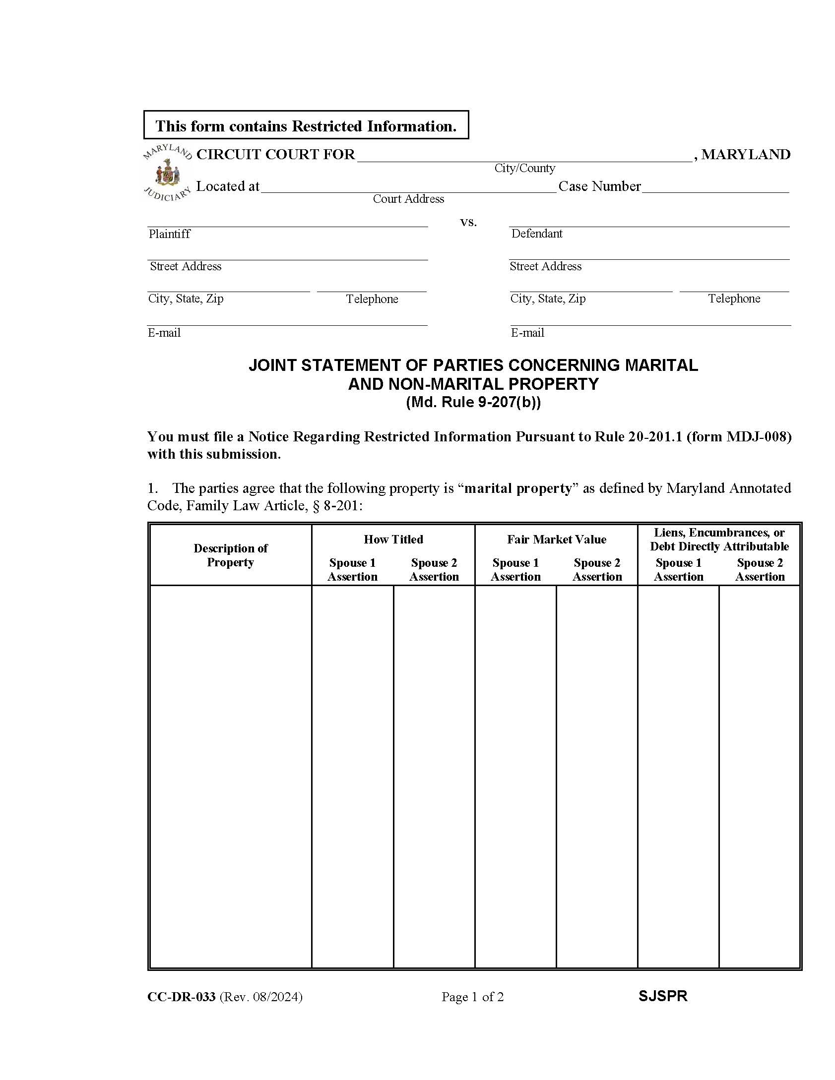 Joint Statement Of Parties Concerning Marital And Non Marital Property {DR-33} | Pdf Fpdf Doc Docx | Maryland