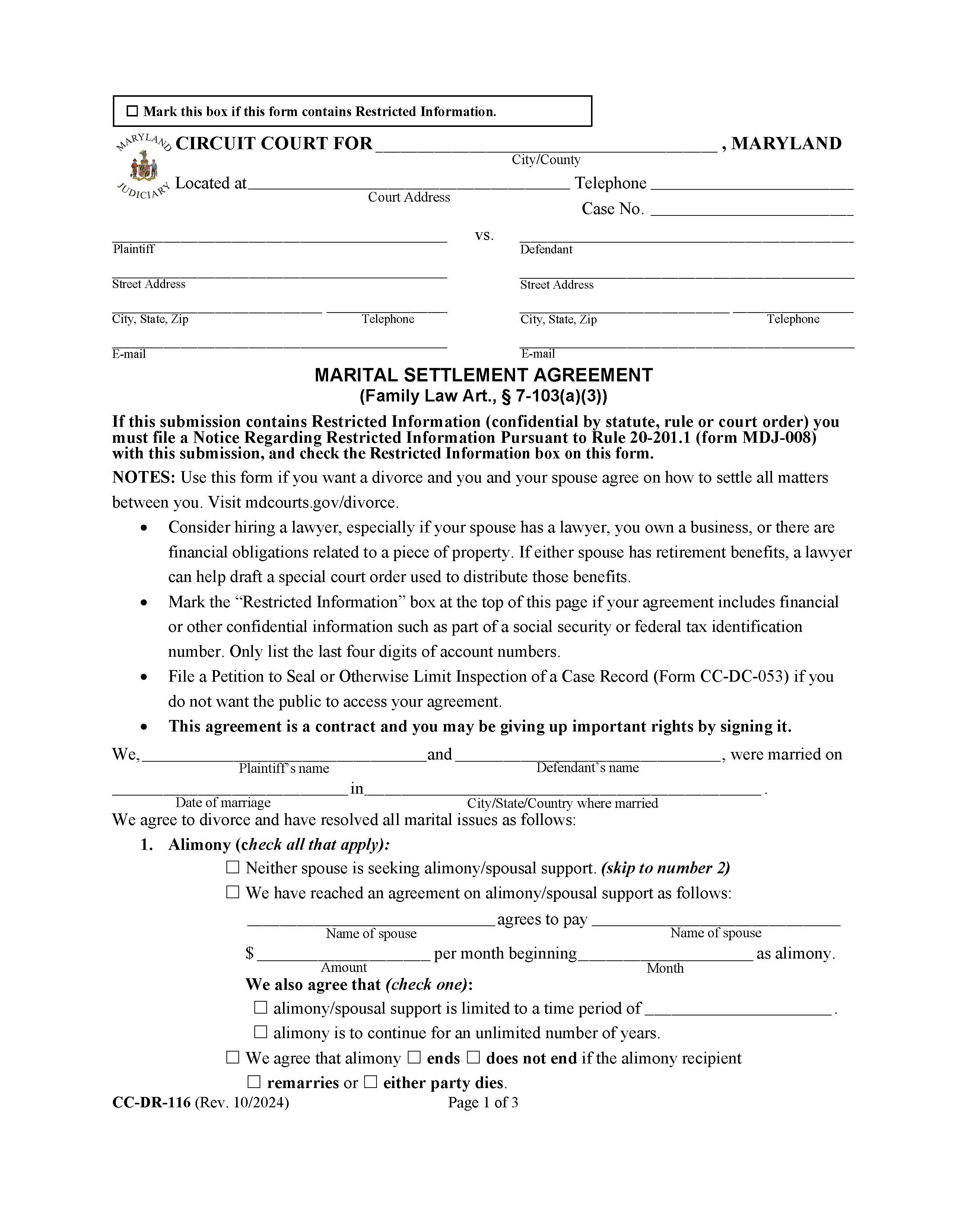 Marital Settlement Agreement {CC-DR-116} | Pdf Fpdf Docx | Maryland