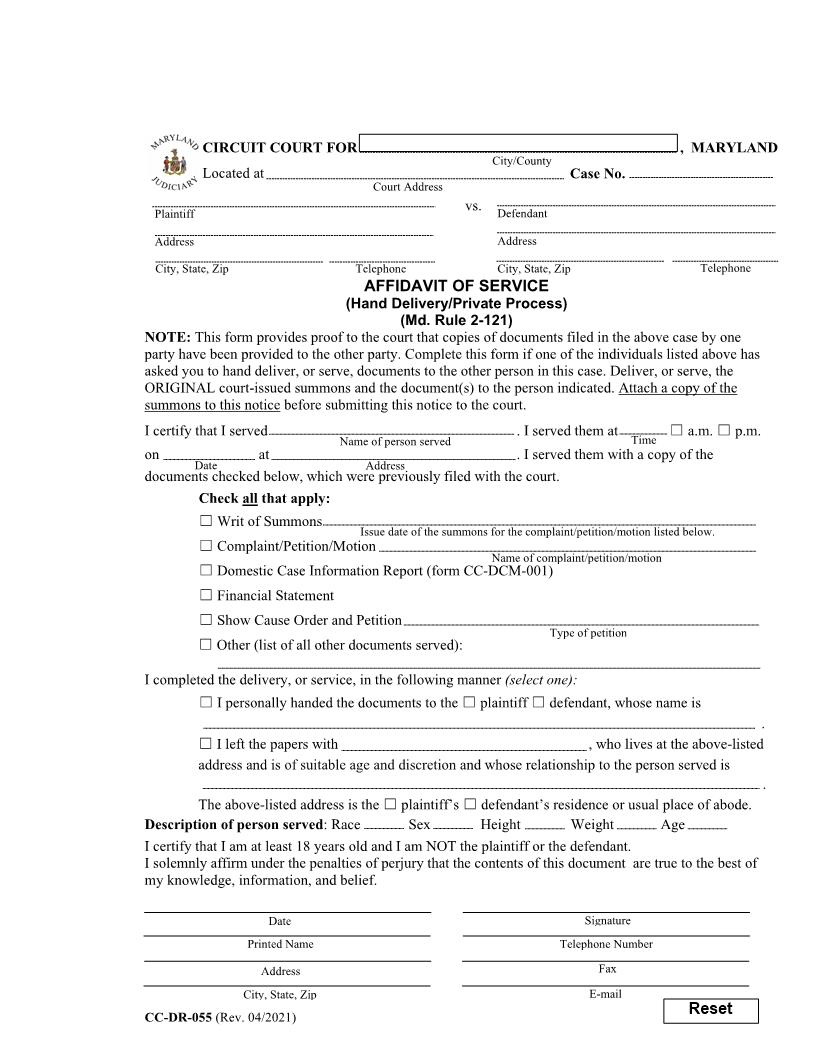 Affidavit Of Service (Private Process) {DR-55} | Pdf Fpdf Doc Docx | Maryland