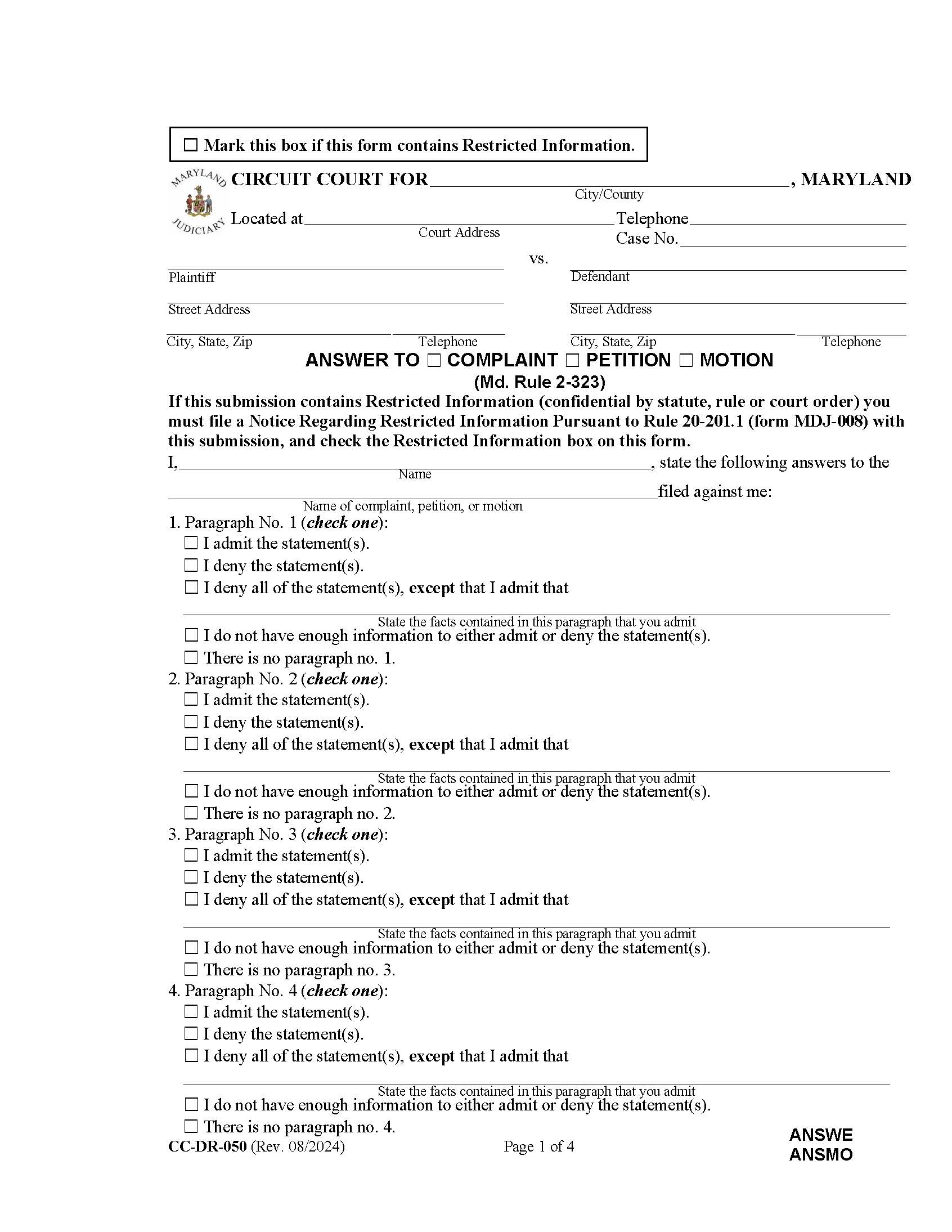 Answer To Complaint Petition Or Motion {DR-50} | Pdf Fpdf Docx | Maryland