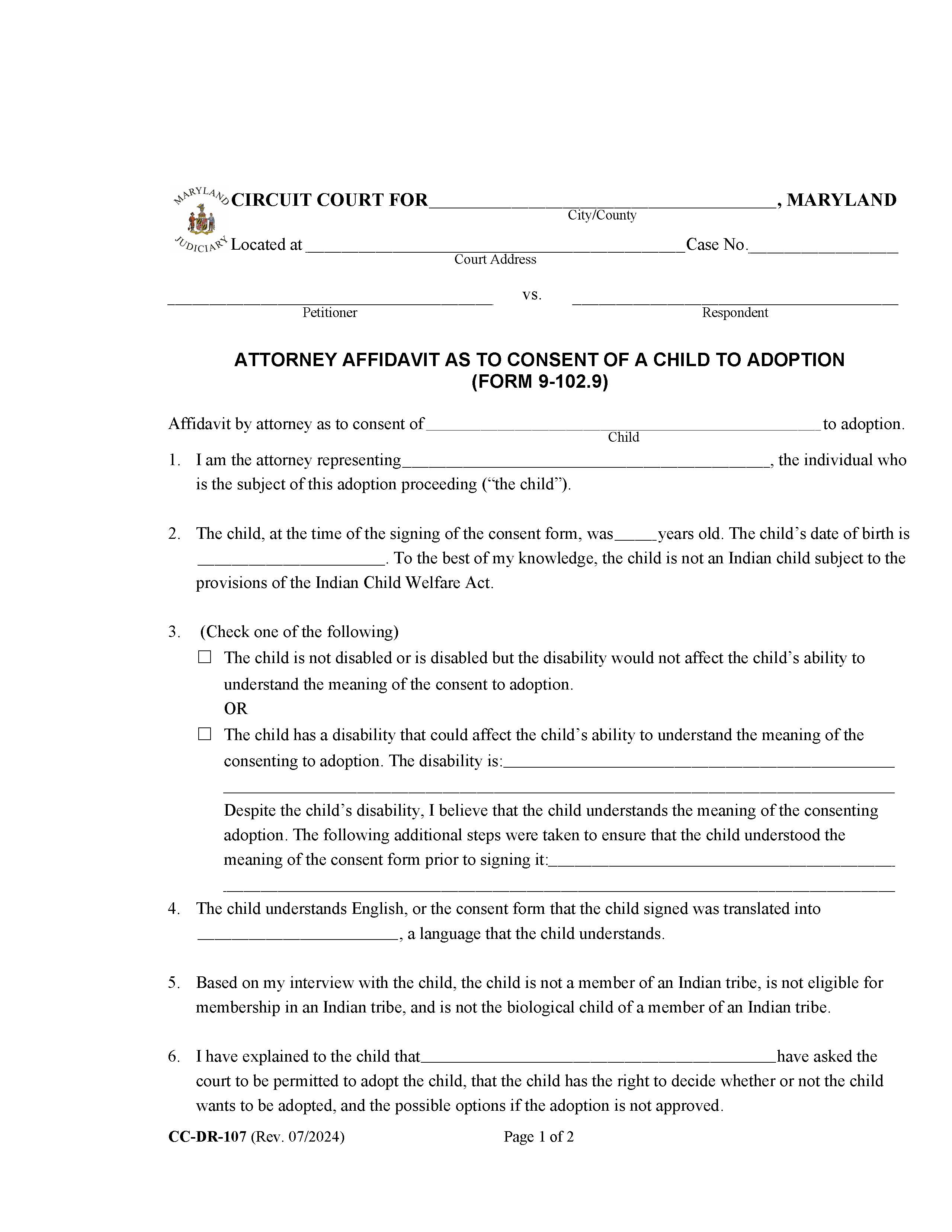Attorney Affidavit As To Consent Of A Child To Adoption {DR-107} | Pdf Fpdf Docx | Maryland