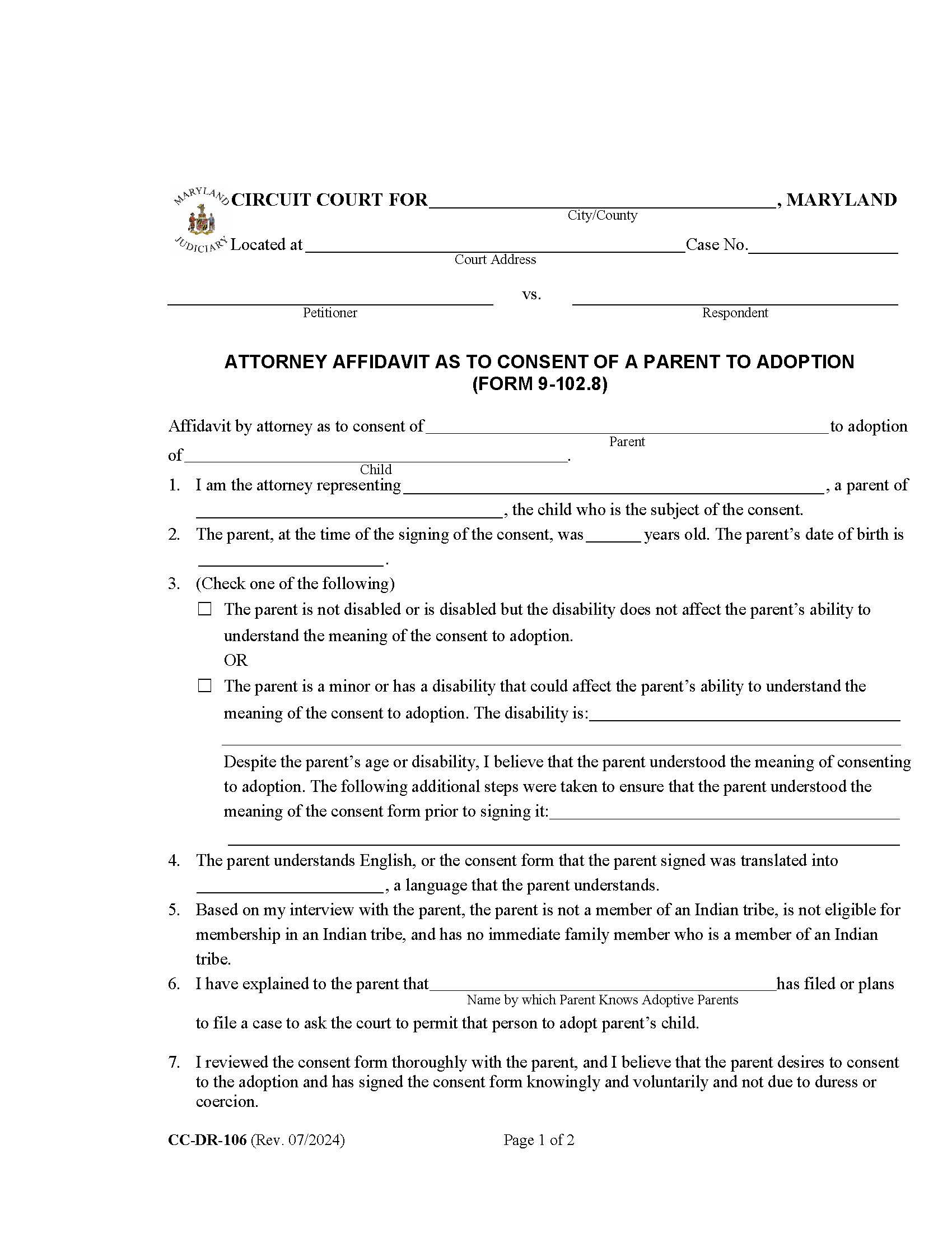 Attorney Affidavit As To Consent Of A Parent To Adoption {DR-106} | Pdf Fpdf Docx | Maryland