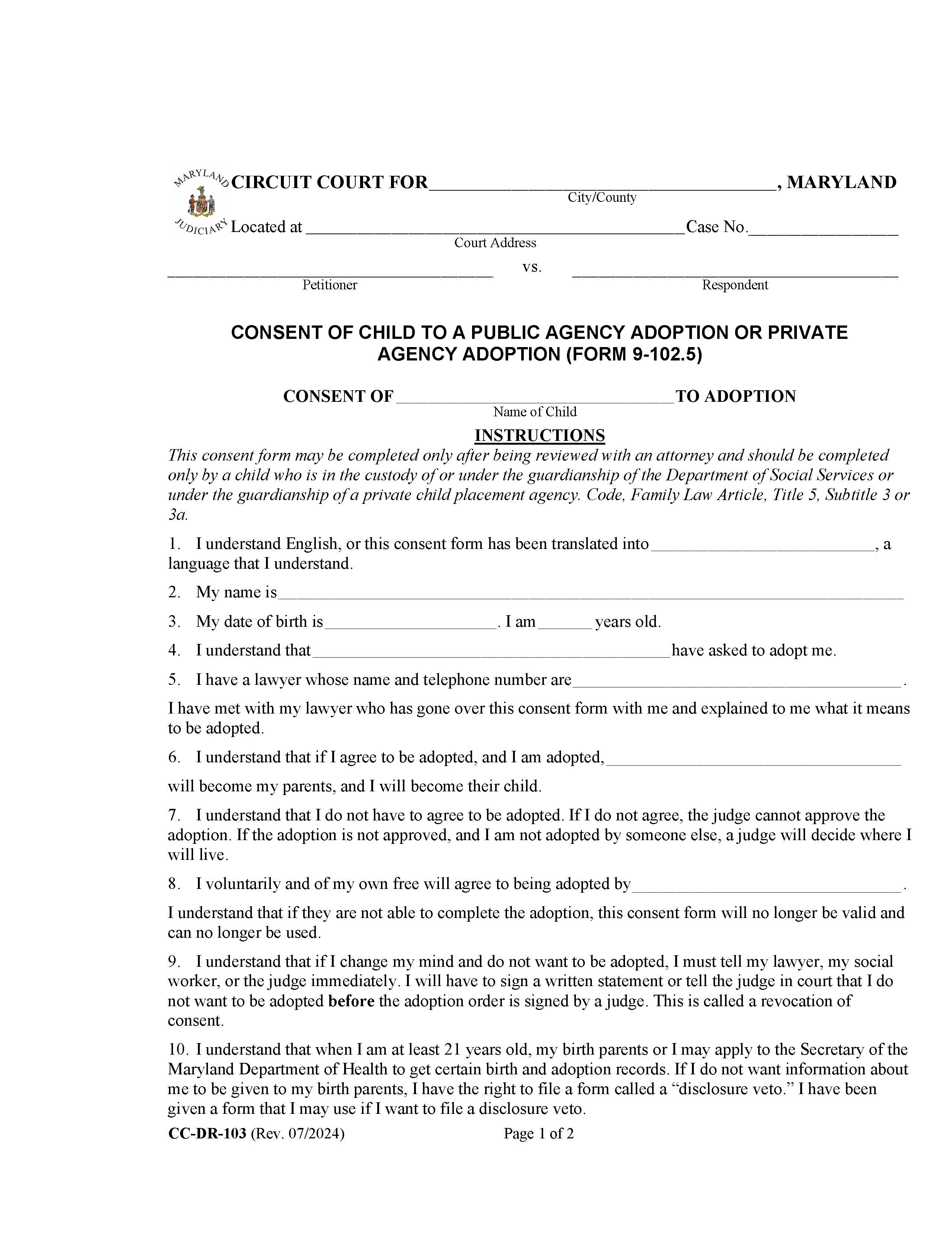 Consent Of Child To An Agency Adoption {DR-103} | Pdf Fpdf Docx | Maryland