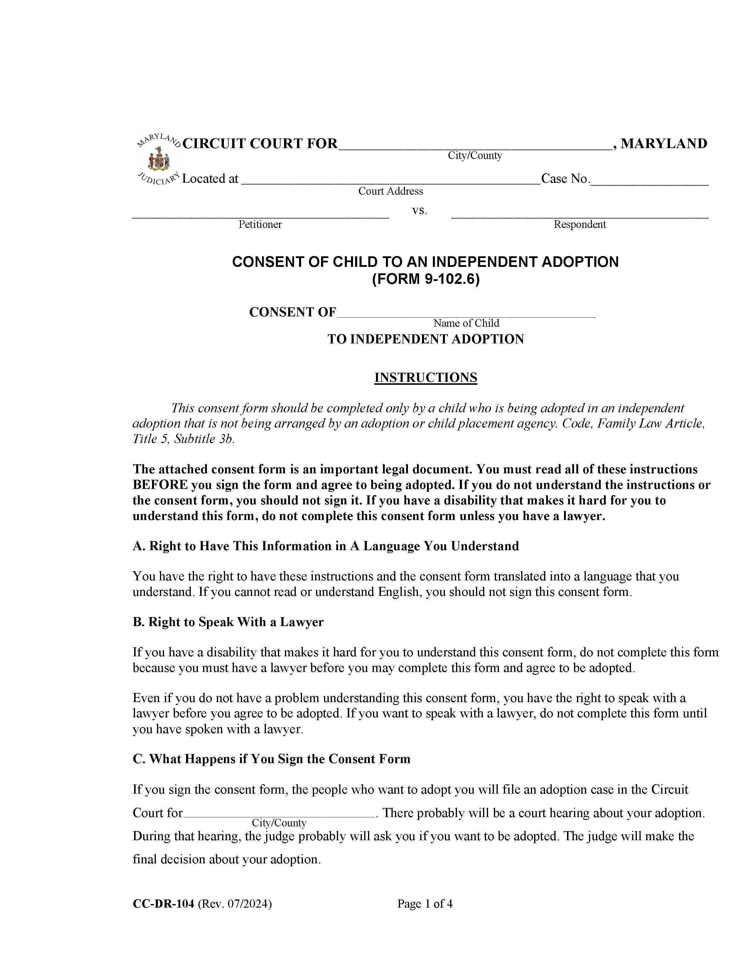 Consent Of Child To An Independent Adoption {DR-104} | Pdf Fpdf Docx | Maryland