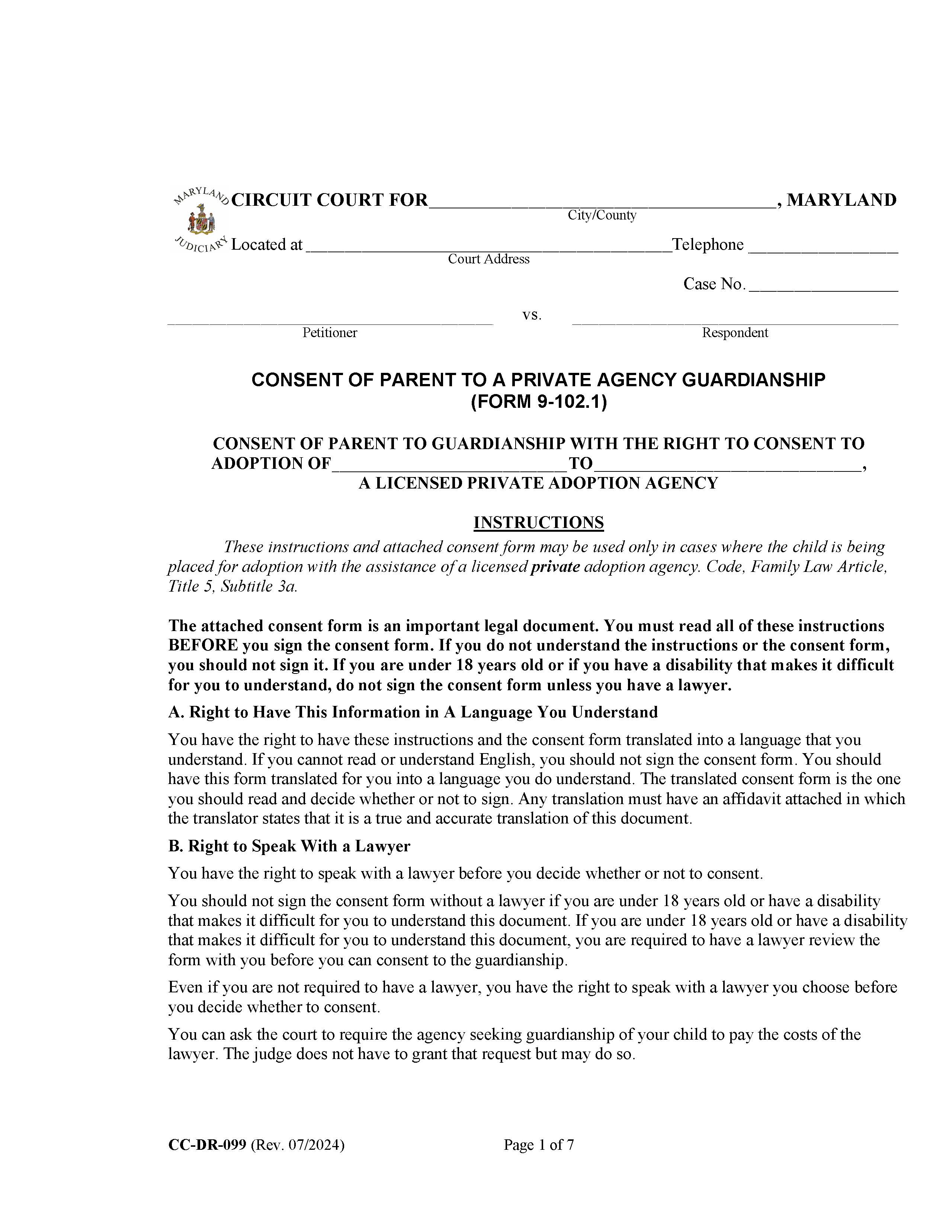 Consent Of Parent To A Private Agency Guardianship {DR-99} | Pdf Fpdf Docx | Maryland