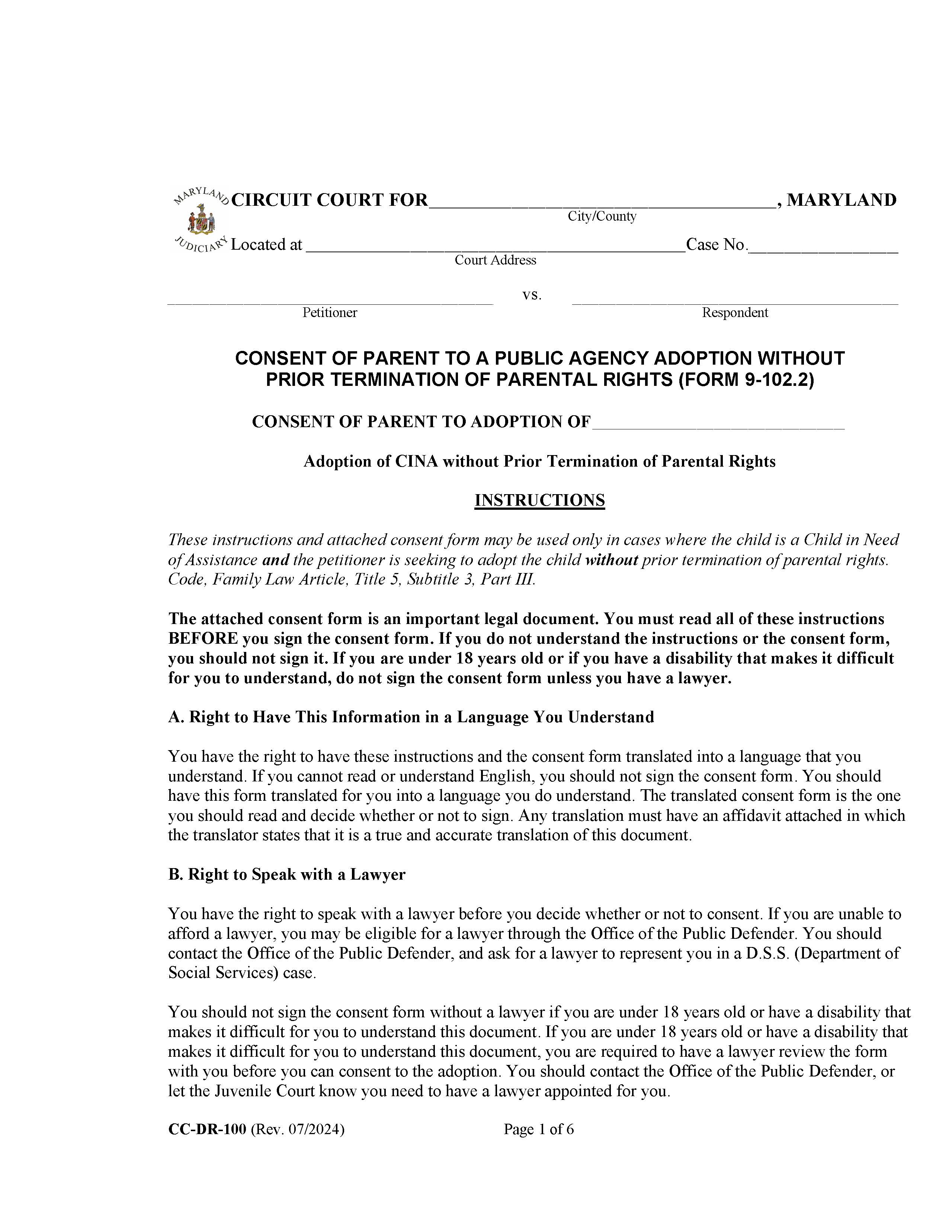 Consent Of Parent To A Public Agency Adoption Without Prior Termination Of Parental Rights {DR-100} | Pdf Fpdf Docx | Maryland