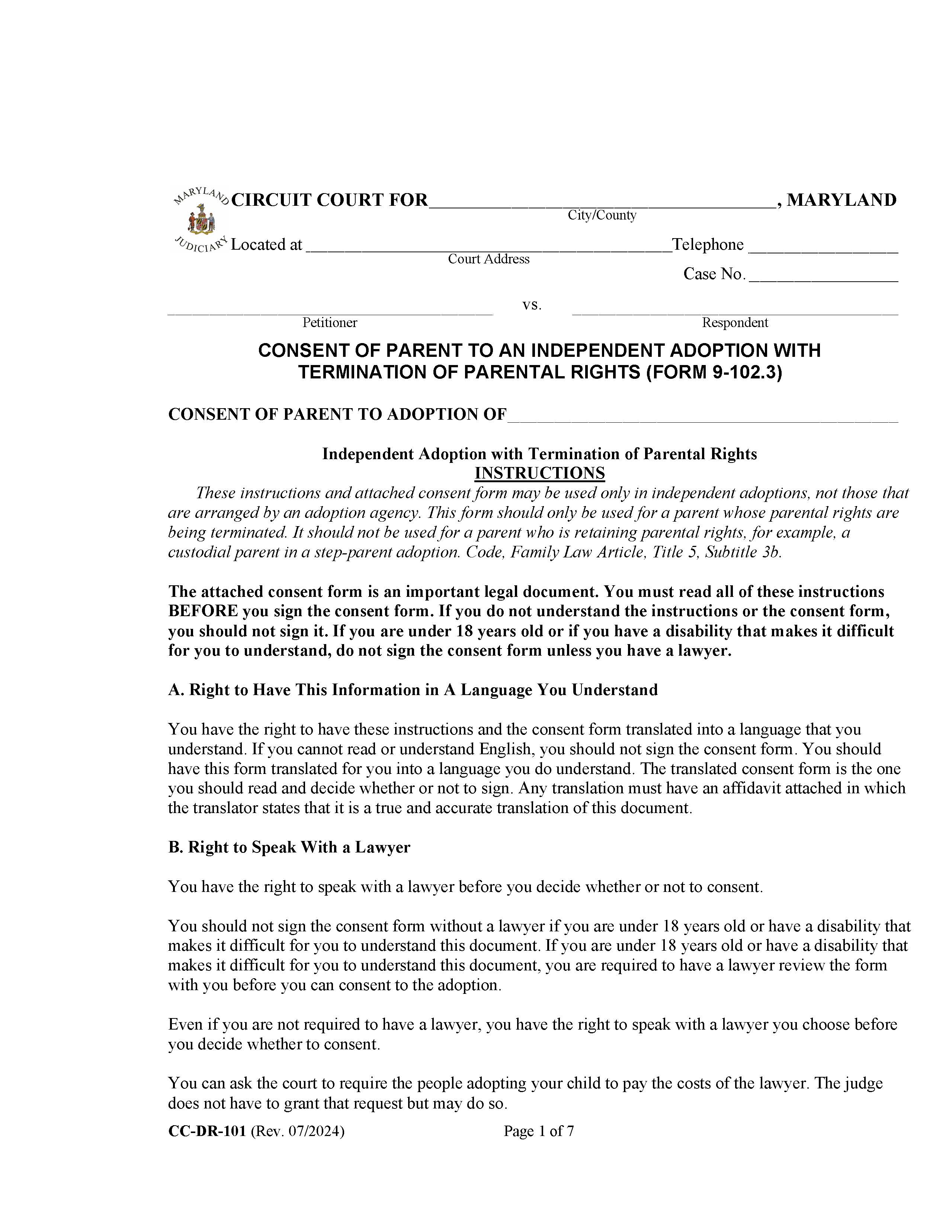 Consent Of Parent To An Independent Adoption With Termination Of Parental Rights {DR-101} | Pdf Fpdf Docx | Maryland