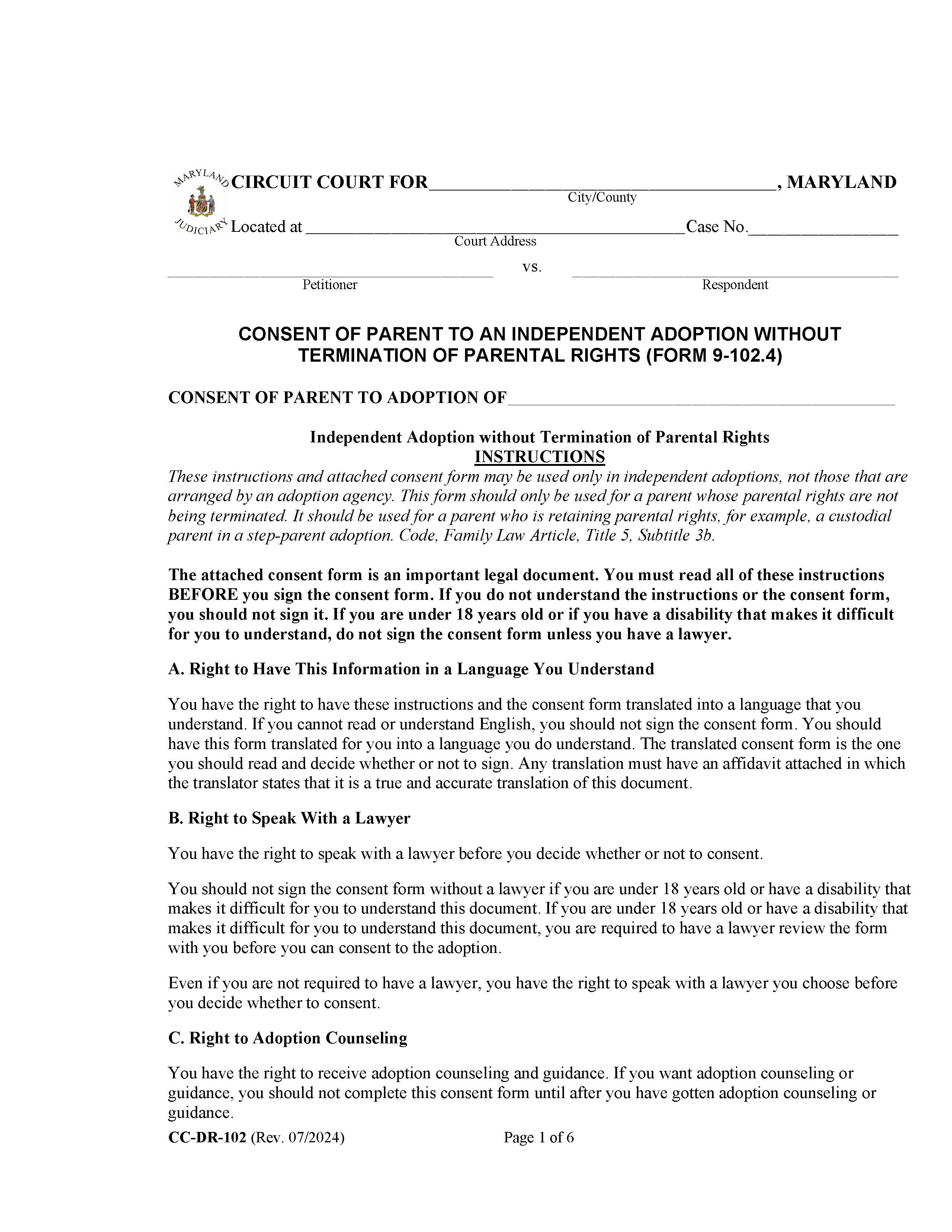 Consent Of Parent To An Independent Adoption Without Termination Of Parental Rights {DR-102} | Pdf Fpdf Docx | Maryland