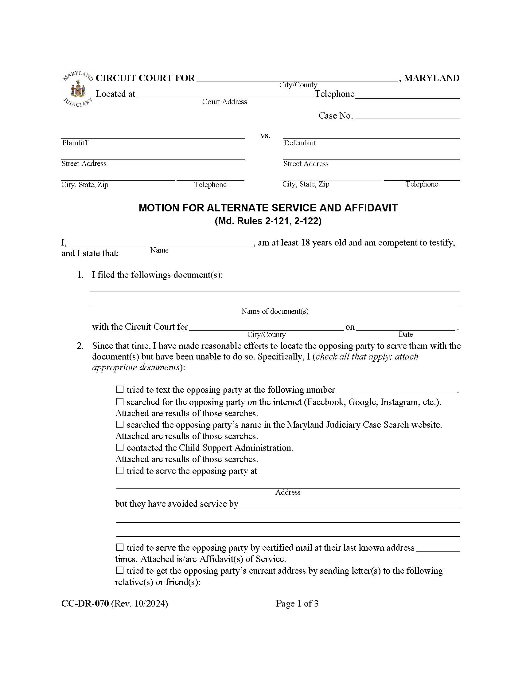 Motion For Alternate Service {DR-70} | Pdf Fpdf Doc Docx | Maryland