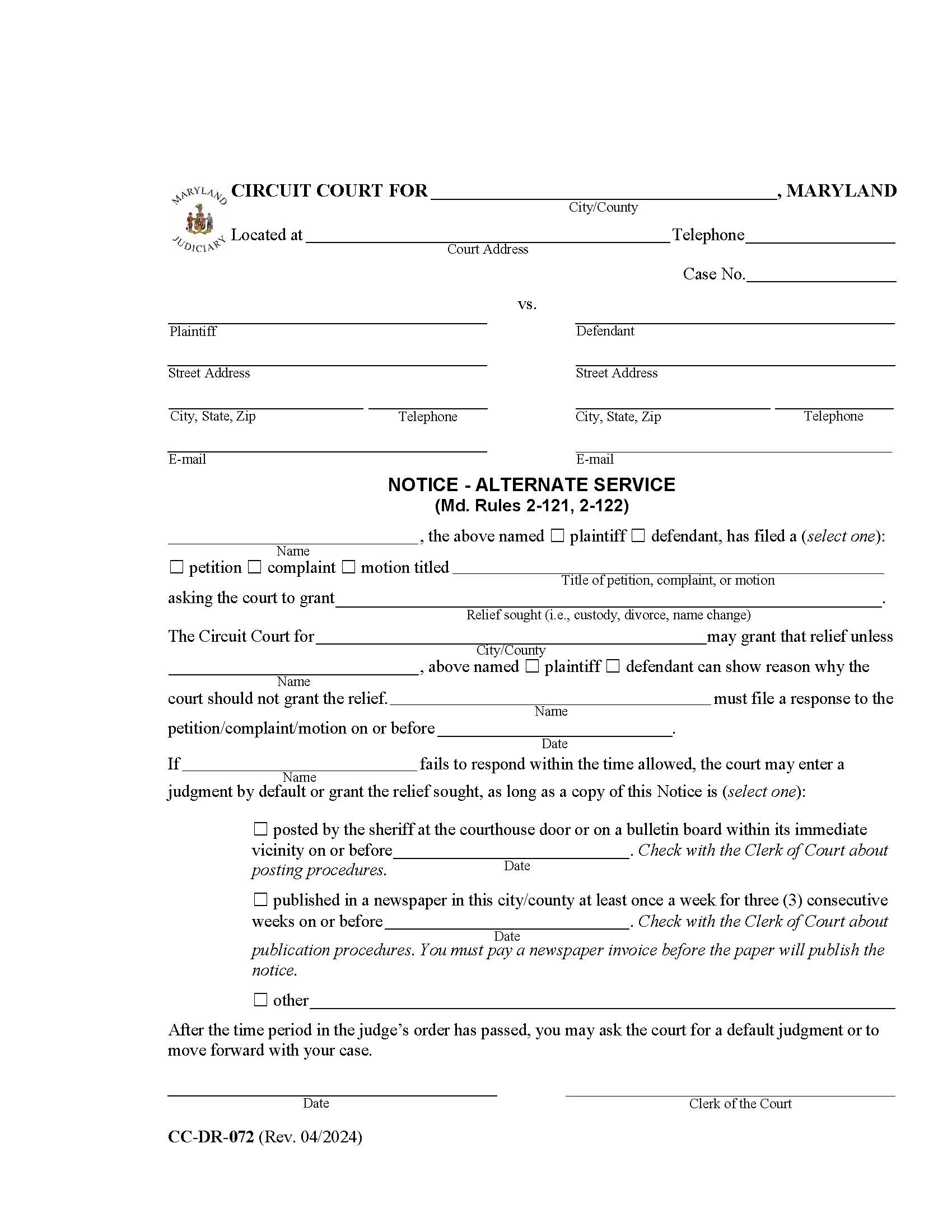Notice (Motion For Alternate Service) {DR-72} | Pdf Fpdf Doc Docx | Maryland